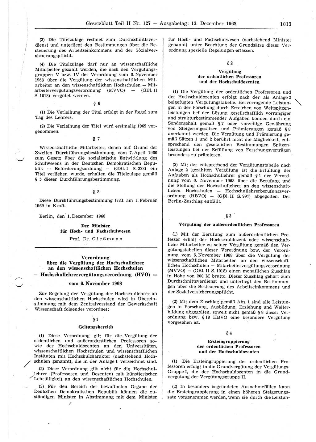 Gesetzblatt (GBl.) der Deutschen Demokratischen Republik (DDR) Teil ⅠⅠ 1968, Seite 1013 (GBl. DDR ⅠⅠ 1968, S. 1013)