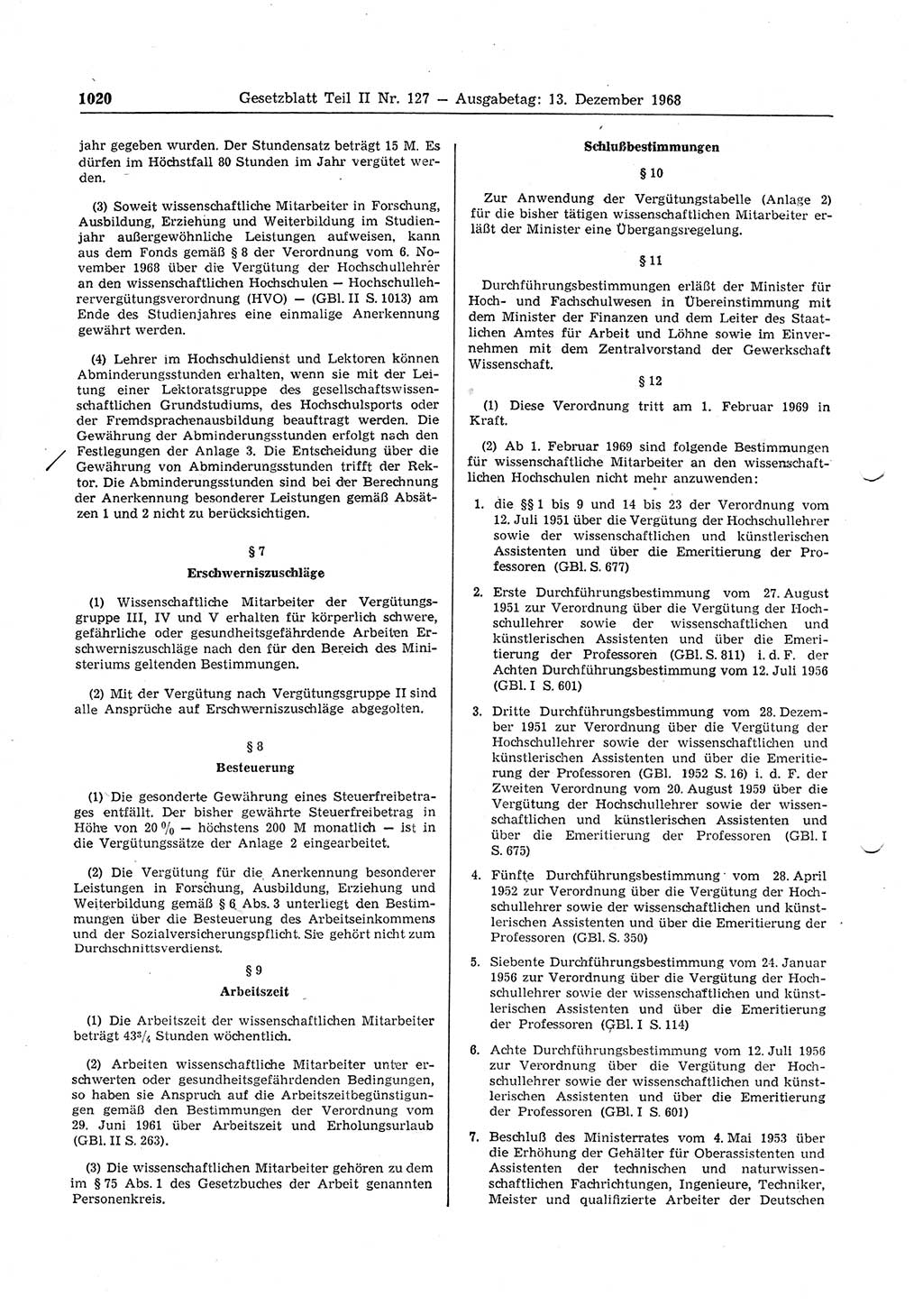 Gesetzblatt (GBl.) der Deutschen Demokratischen Republik (DDR) Teil ⅠⅠ 1968, Seite 1020 (GBl. DDR ⅠⅠ 1968, S. 1020)