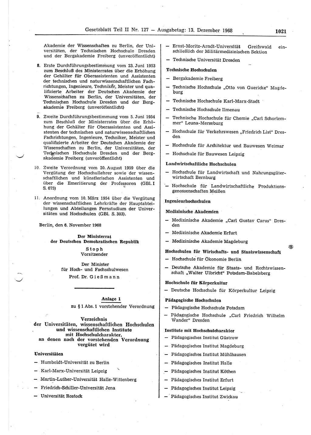 Gesetzblatt (GBl.) der Deutschen Demokratischen Republik (DDR) Teil ⅠⅠ 1968, Seite 1021 (GBl. DDR ⅠⅠ 1968, S. 1021)