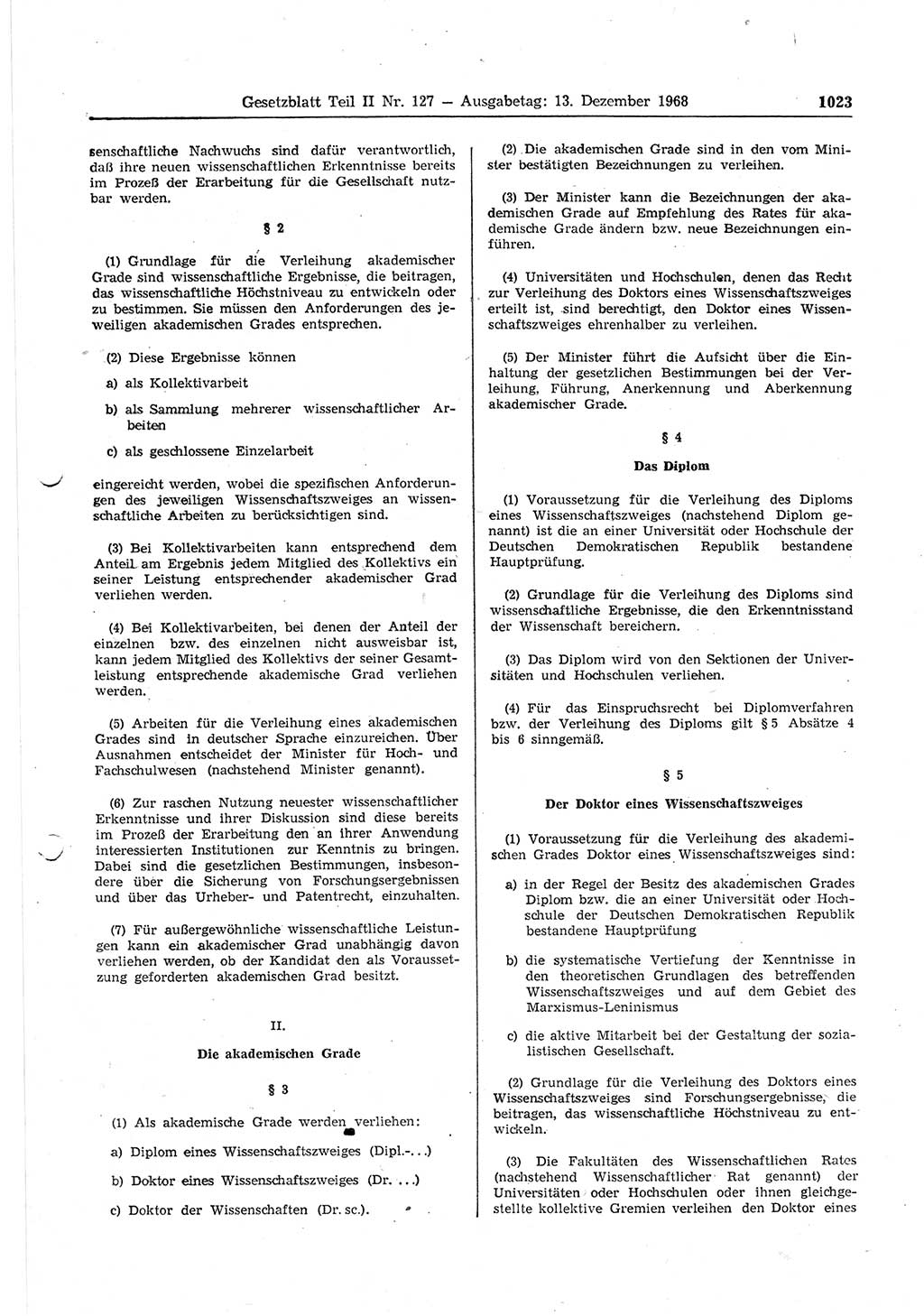 Gesetzblatt (GBl.) der Deutschen Demokratischen Republik (DDR) Teil ⅠⅠ 1968, Seite 1023 (GBl. DDR ⅠⅠ 1968, S. 1023)