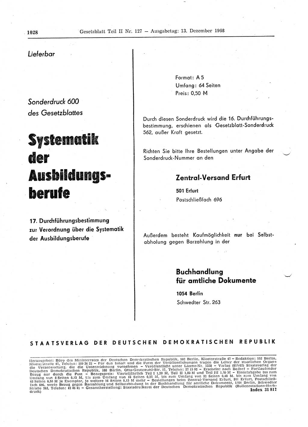 Gesetzblatt (GBl.) der Deutschen Demokratischen Republik (DDR) Teil ⅠⅠ 1968, Seite 1028 (GBl. DDR ⅠⅠ 1968, S. 1028)