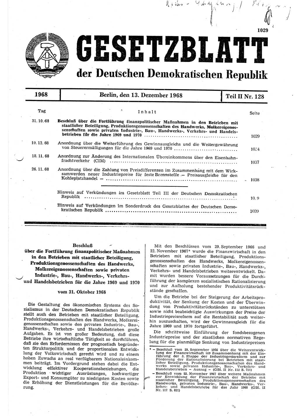 Gesetzblatt (GBl.) der Deutschen Demokratischen Republik (DDR) Teil ⅠⅠ 1968, Seite 1029 (GBl. DDR ⅠⅠ 1968, S. 1029)