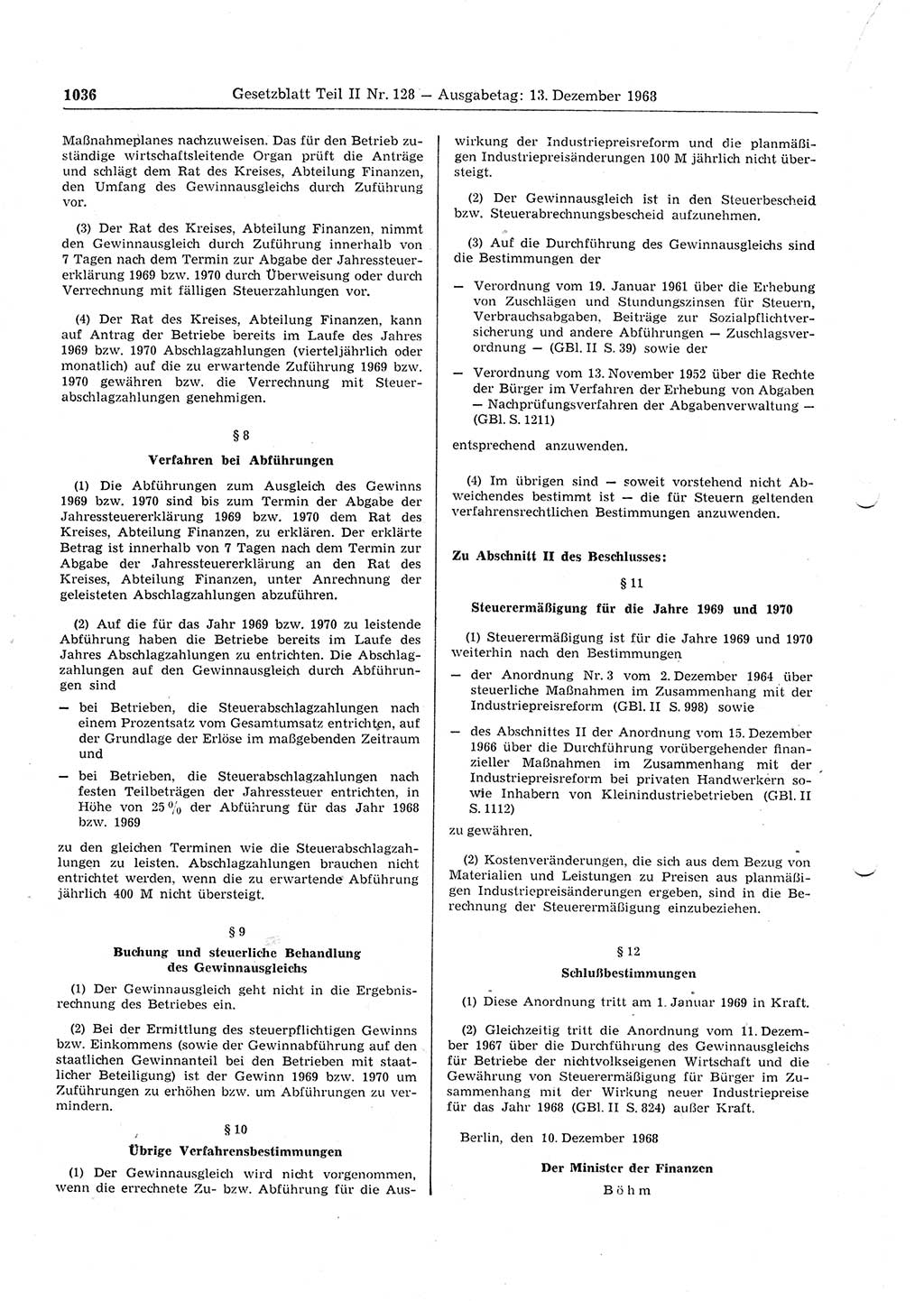 Gesetzblatt (GBl.) der Deutschen Demokratischen Republik (DDR) Teil ⅠⅠ 1968, Seite 1036 (GBl. DDR ⅠⅠ 1968, S. 1036)