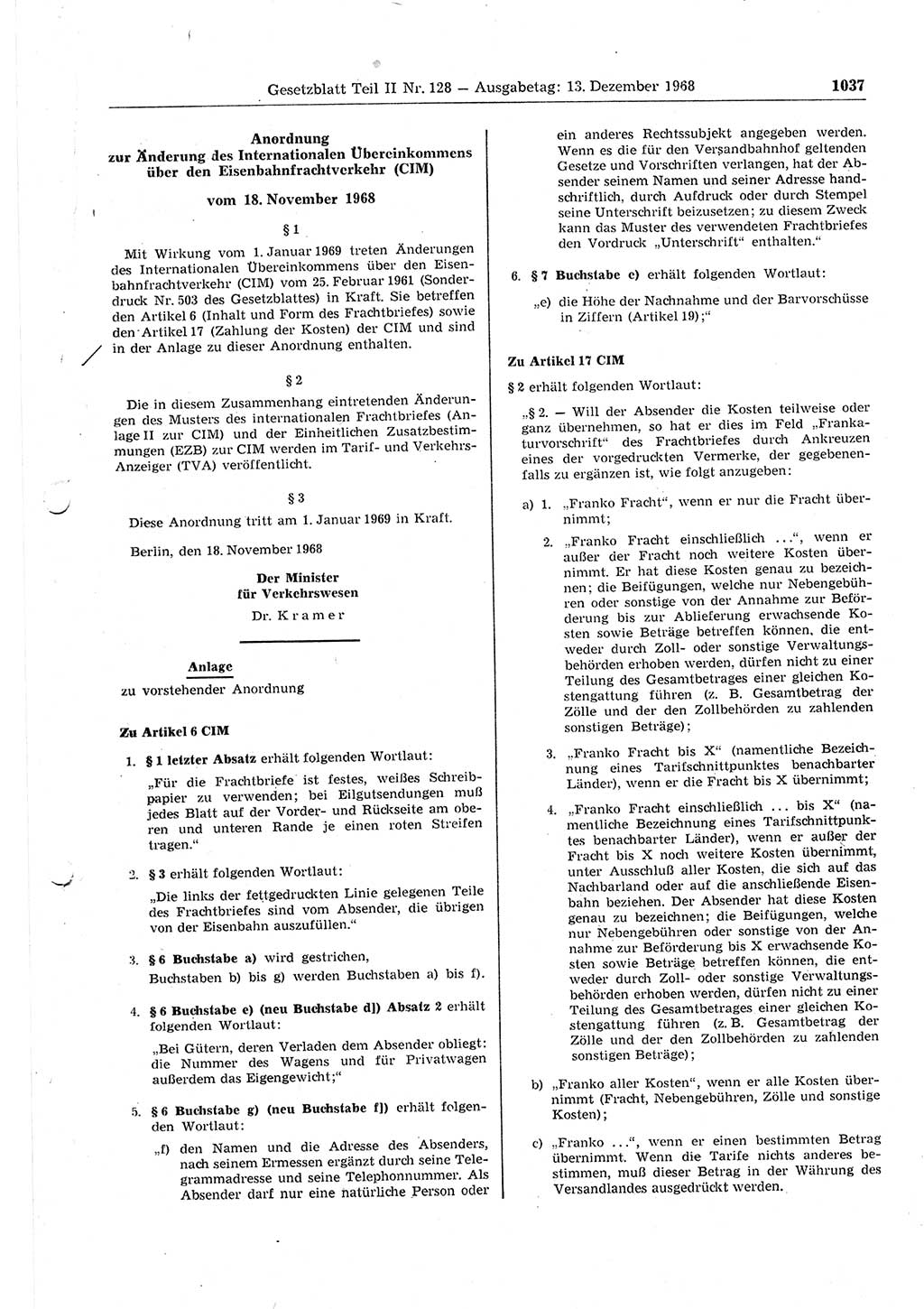 Gesetzblatt (GBl.) der Deutschen Demokratischen Republik (DDR) Teil ⅠⅠ 1968, Seite 1037 (GBl. DDR ⅠⅠ 1968, S. 1037)