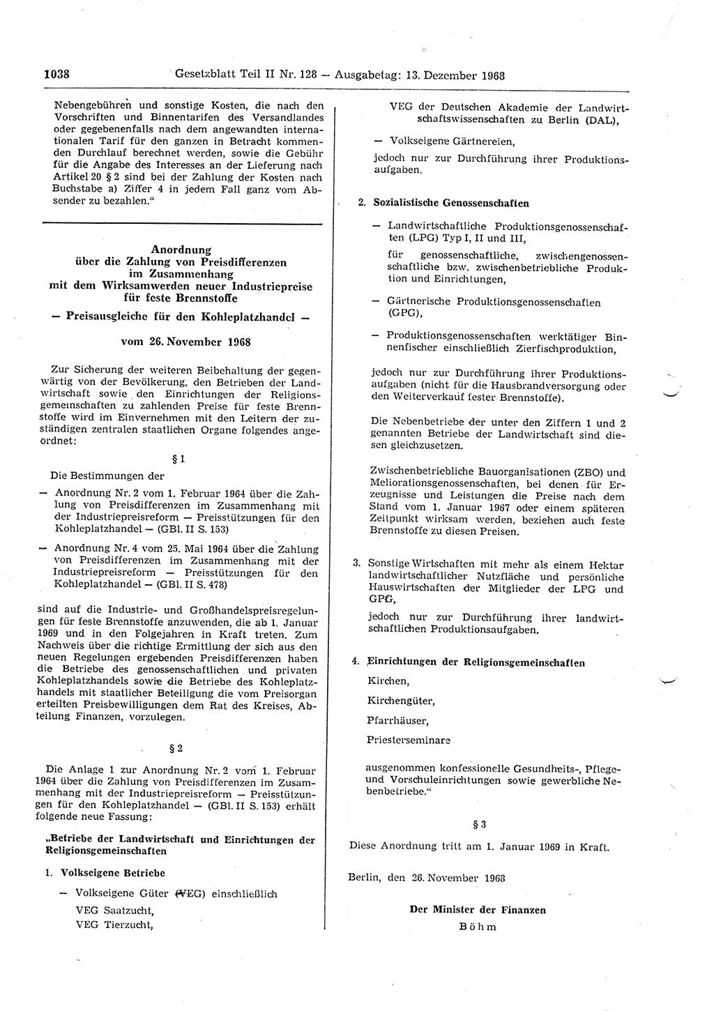 Gesetzblatt (GBl.) der Deutschen Demokratischen Republik (DDR) Teil ⅠⅠ 1968, Seite 1038 (GBl. DDR ⅠⅠ 1968, S. 1038)