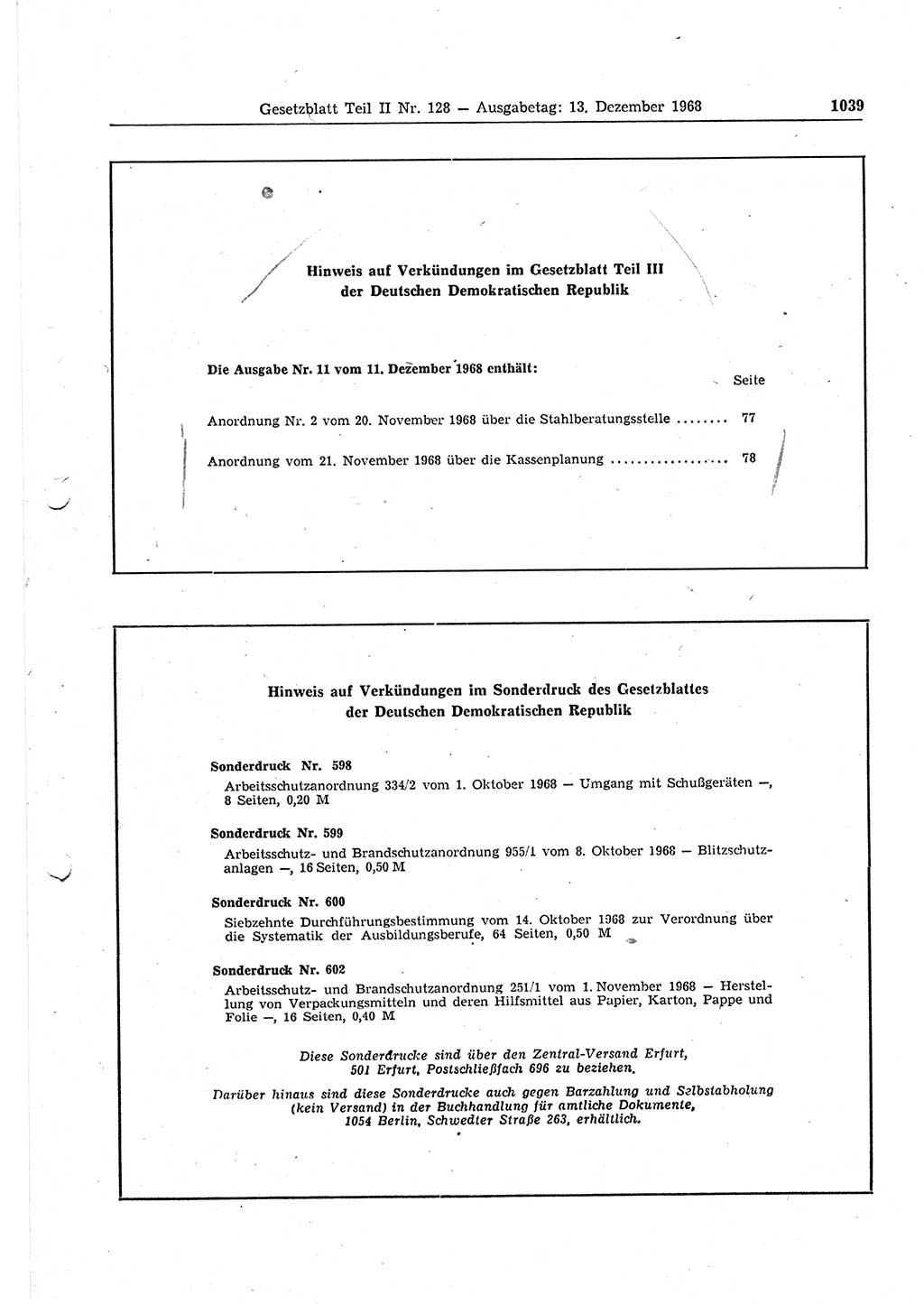 Gesetzblatt (GBl.) der Deutschen Demokratischen Republik (DDR) Teil ⅠⅠ 1968, Seite 1039 (GBl. DDR ⅠⅠ 1968, S. 1039)