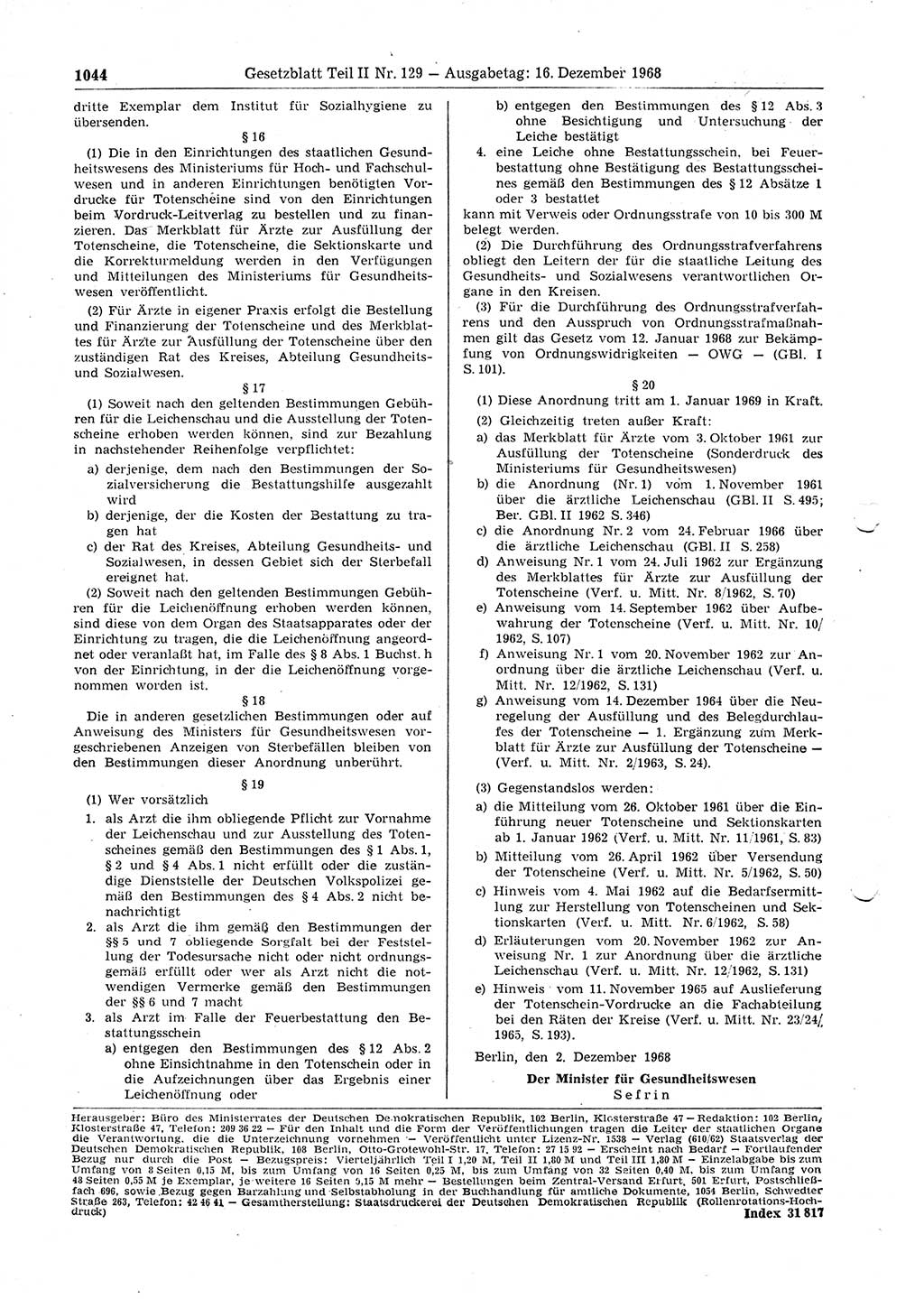 Gesetzblatt (GBl.) der Deutschen Demokratischen Republik (DDR) Teil ⅠⅠ 1968, Seite 1044 (GBl. DDR ⅠⅠ 1968, S. 1044)