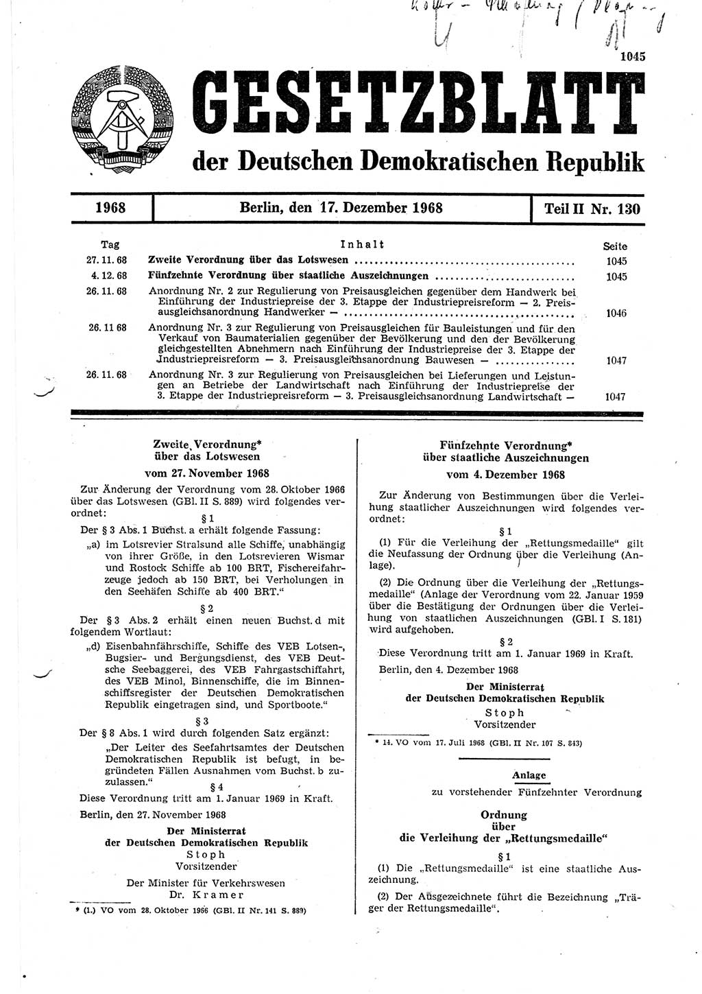 Gesetzblatt (GBl.) der Deutschen Demokratischen Republik (DDR) Teil ⅠⅠ 1968, Seite 1045 (GBl. DDR ⅠⅠ 1968, S. 1045)