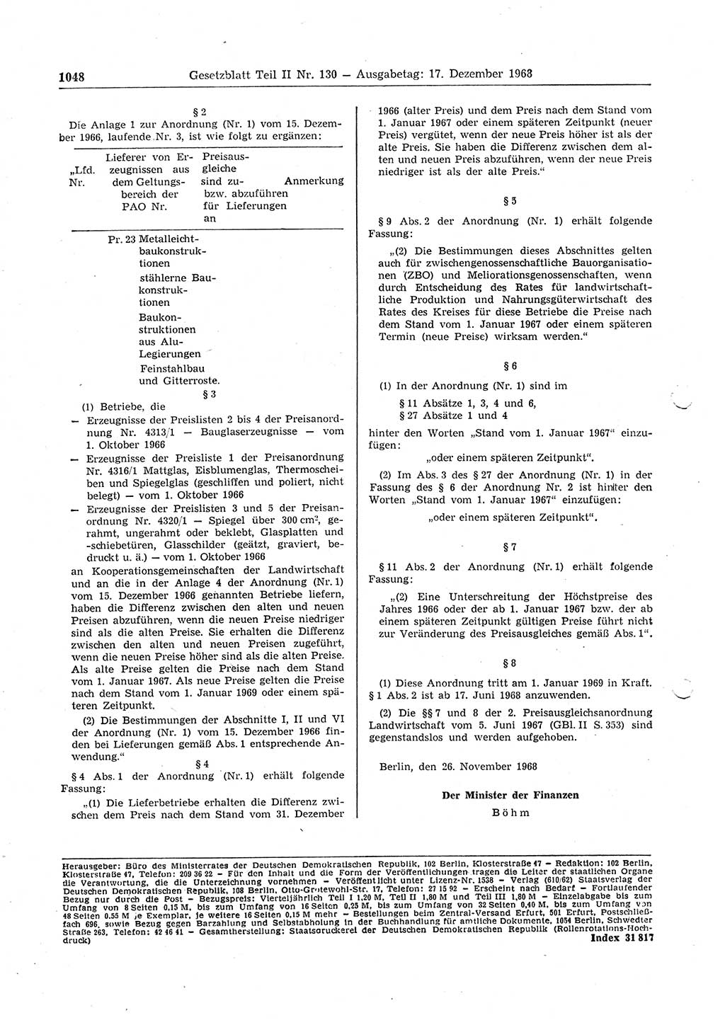 Gesetzblatt (GBl.) der Deutschen Demokratischen Republik (DDR) Teil ⅠⅠ 1968, Seite 1048 (GBl. DDR ⅠⅠ 1968, S. 1048)