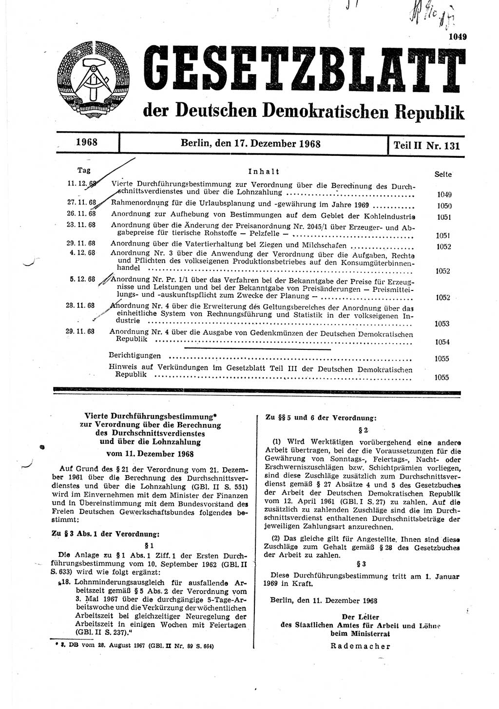 Gesetzblatt (GBl.) der Deutschen Demokratischen Republik (DDR) Teil ⅠⅠ 1968, Seite 1049 (GBl. DDR ⅠⅠ 1968, S. 1049)