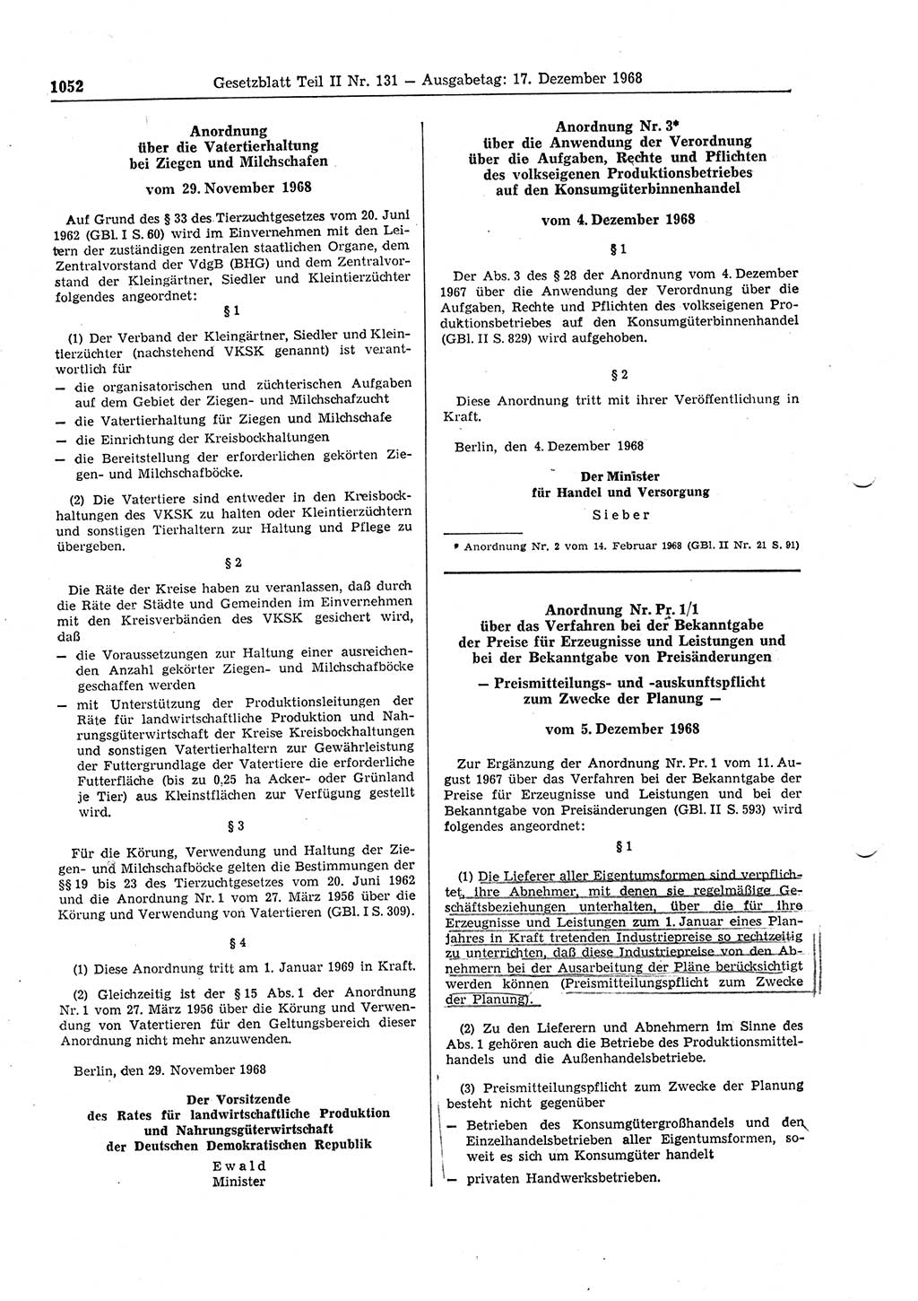 Gesetzblatt (GBl.) der Deutschen Demokratischen Republik (DDR) Teil ⅠⅠ 1968, Seite 1052 (GBl. DDR ⅠⅠ 1968, S. 1052)