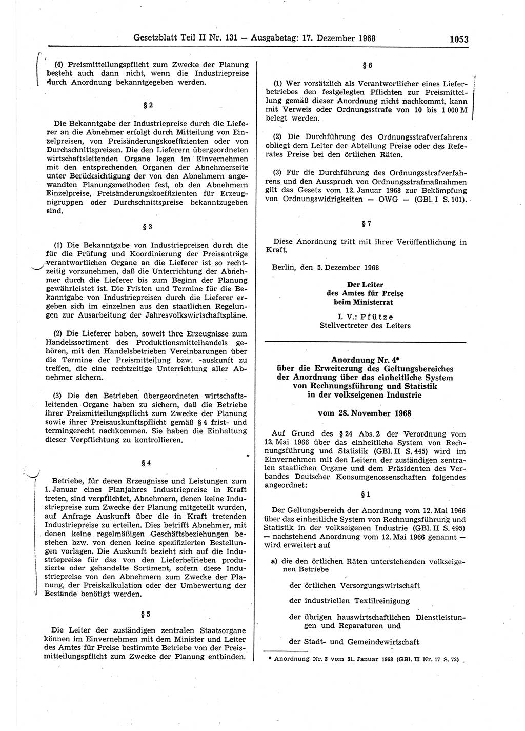 Gesetzblatt (GBl.) der Deutschen Demokratischen Republik (DDR) Teil ⅠⅠ 1968, Seite 1053 (GBl. DDR ⅠⅠ 1968, S. 1053)