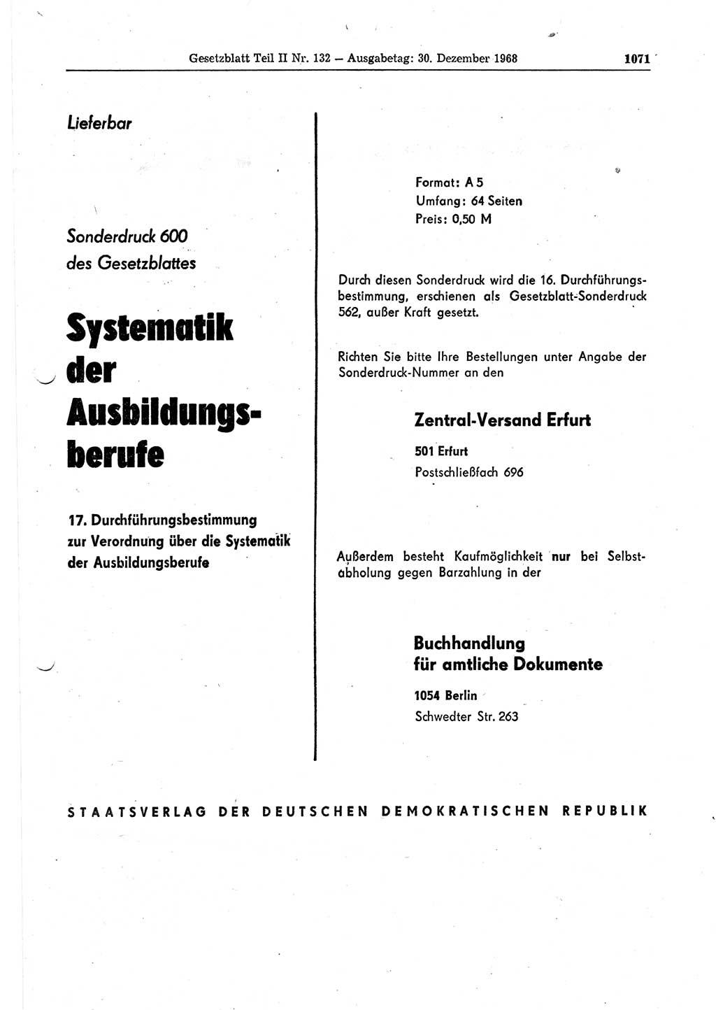 Gesetzblatt (GBl.) der Deutschen Demokratischen Republik (DDR) Teil ⅠⅠ 1968, Seite 1071 (GBl. DDR ⅠⅠ 1968, S. 1071)
