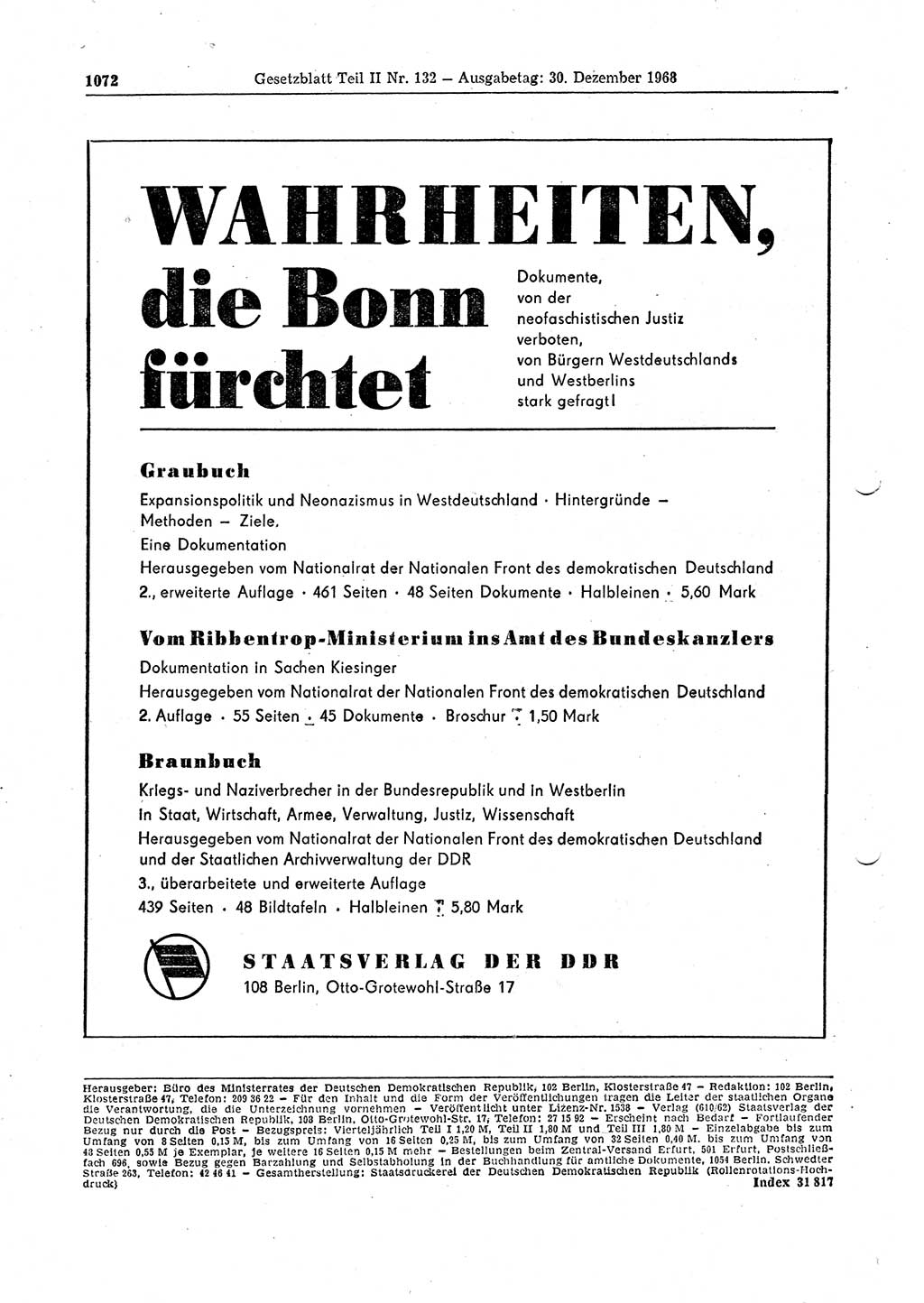 Gesetzblatt (GBl.) der Deutschen Demokratischen Republik (DDR) Teil ⅠⅠ 1968, Seite 1072 (GBl. DDR ⅠⅠ 1968, S. 1072)