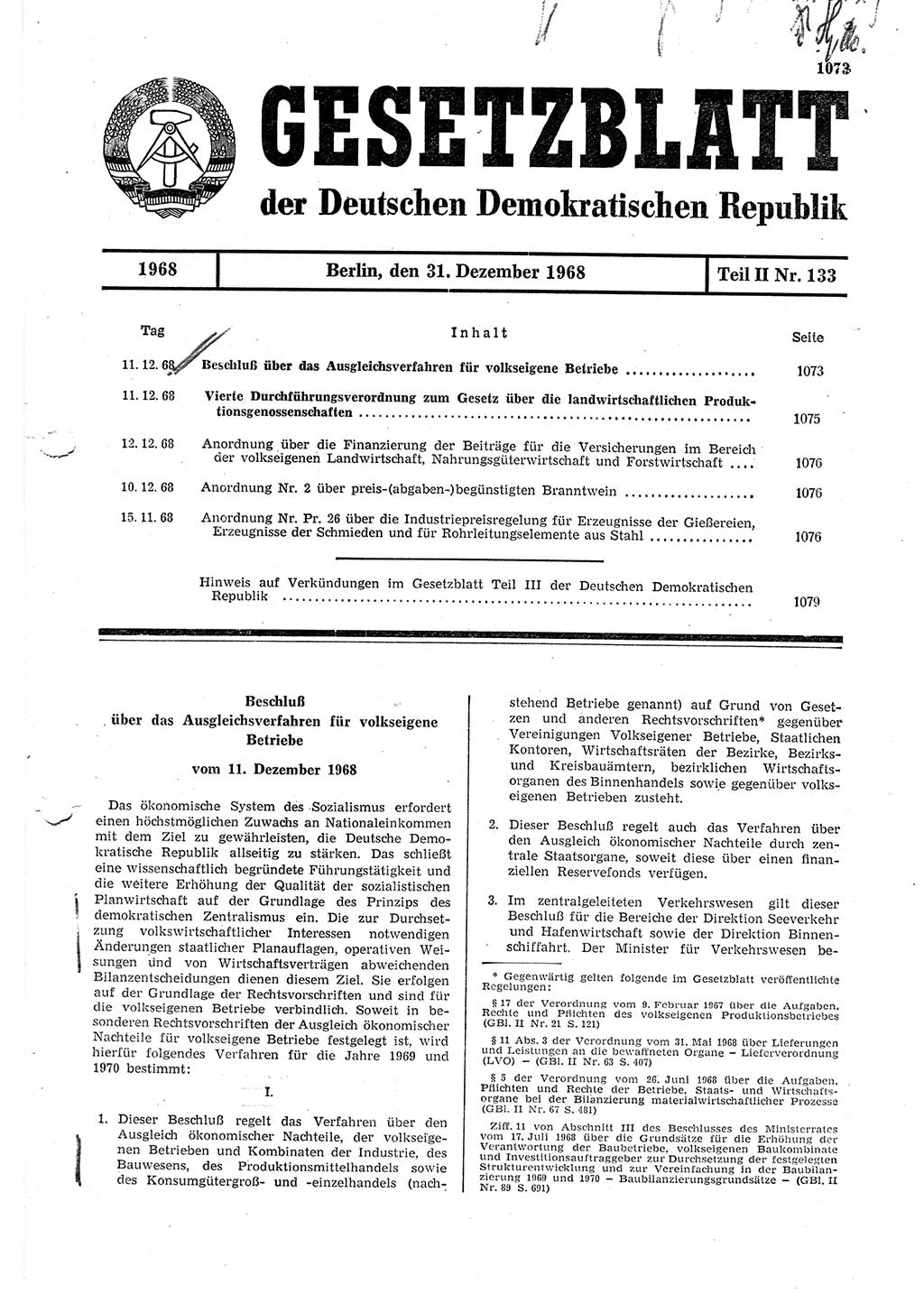 Gesetzblatt (GBl.) der Deutschen Demokratischen Republik (DDR) Teil ⅠⅠ 1968, Seite 1073 (GBl. DDR ⅠⅠ 1968, S. 1073)