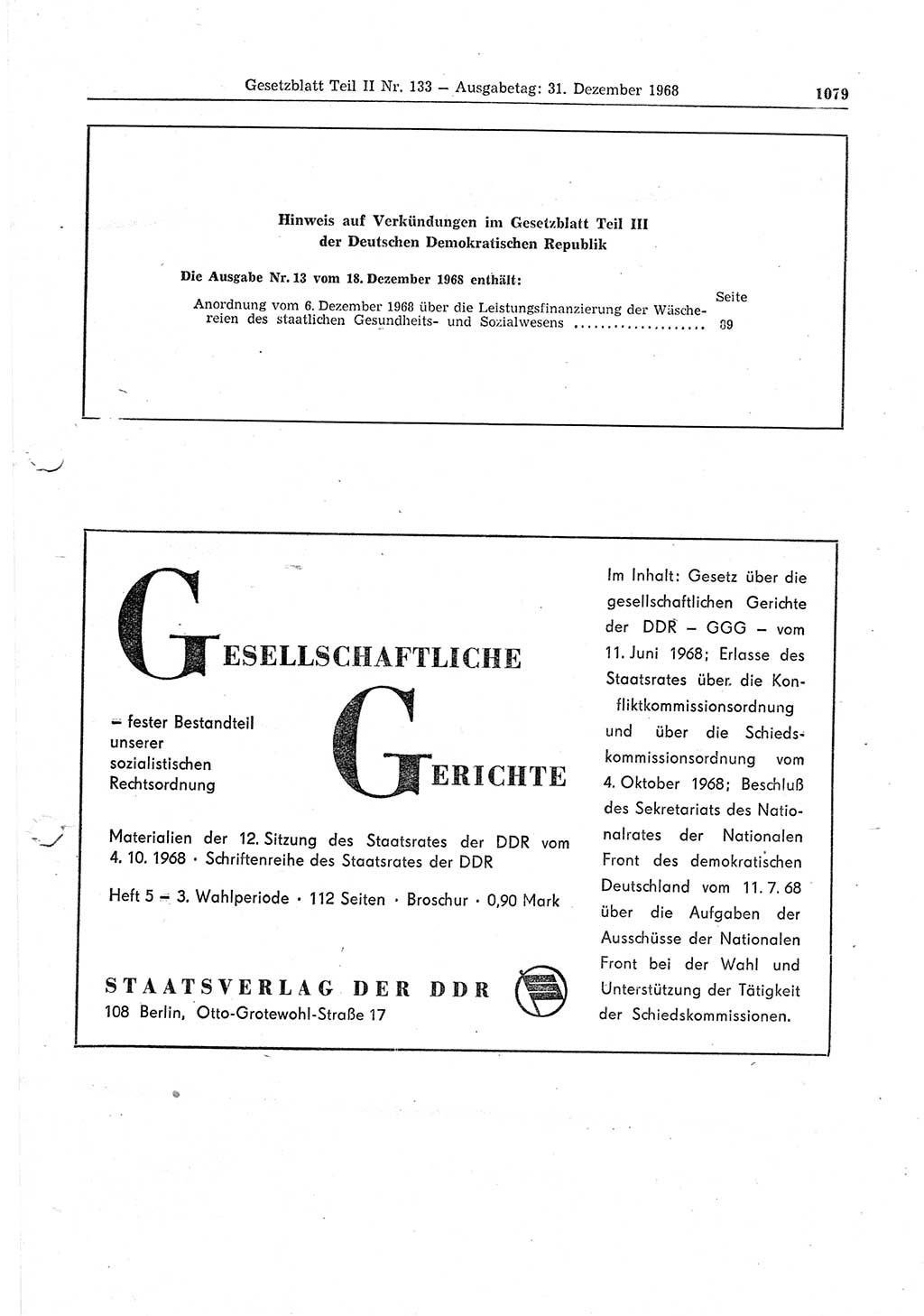 Gesetzblatt (GBl.) der Deutschen Demokratischen Republik (DDR) Teil ⅠⅠ 1968, Seite 1079 (GBl. DDR ⅠⅠ 1968, S. 1079)