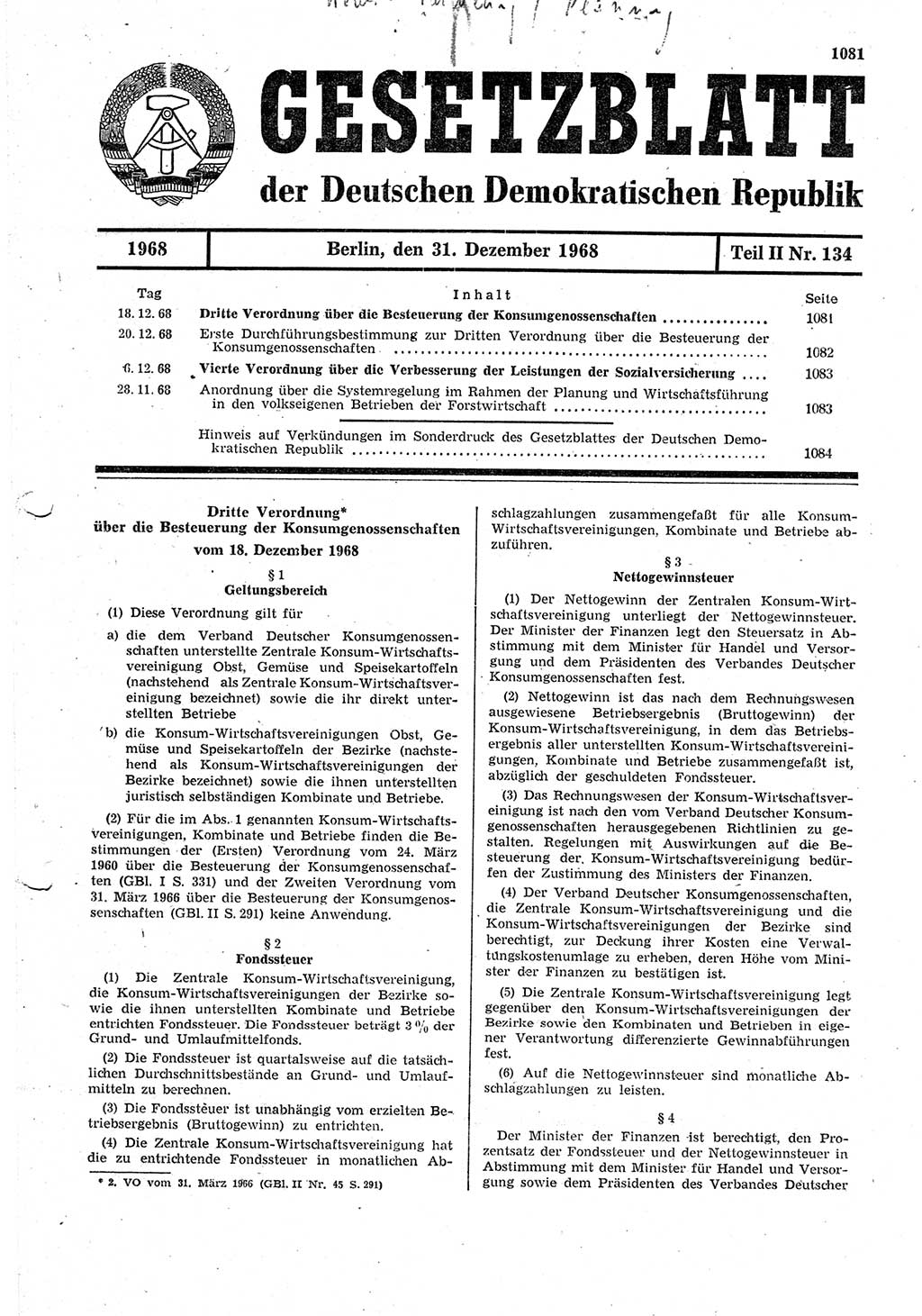 Gesetzblatt (GBl.) der Deutschen Demokratischen Republik (DDR) Teil ⅠⅠ 1968, Seite 1081 (GBl. DDR ⅠⅠ 1968, S. 1081)