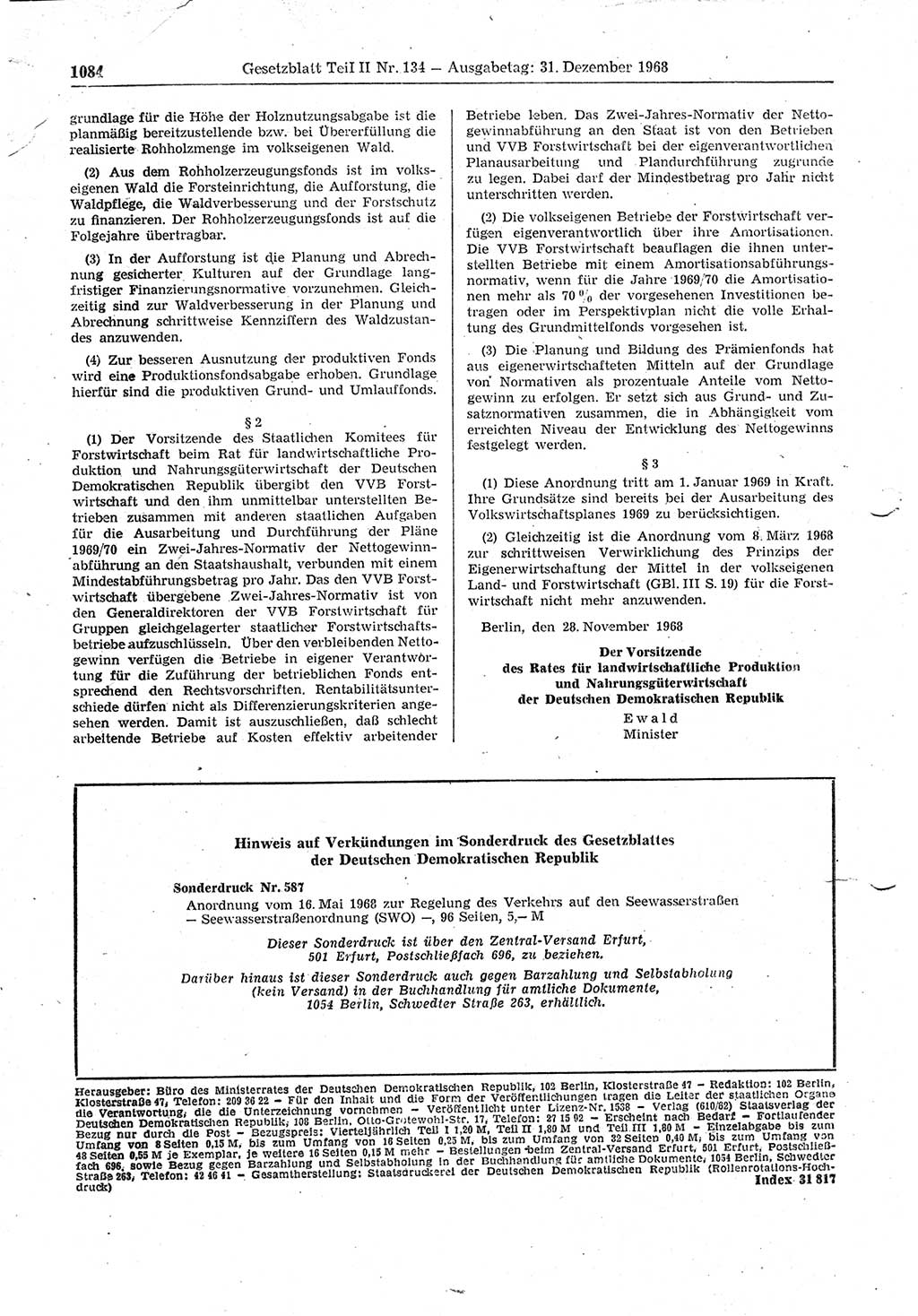 Gesetzblatt (GBl.) der Deutschen Demokratischen Republik (DDR) Teil ⅠⅠ 1968, Seite 1084 (GBl. DDR ⅠⅠ 1968, S. 1084)