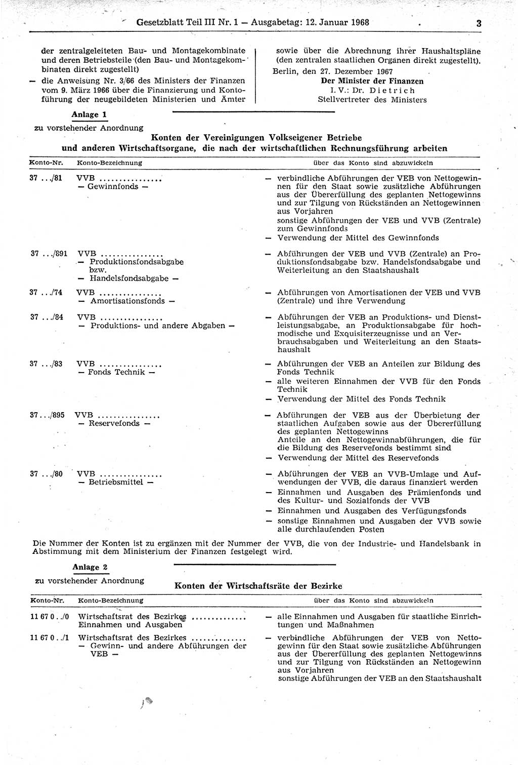 Gesetzblatt (GBl.) der Deutschen Demokratischen Republik (DDR) Teil ⅠⅠⅠ 1968, Seite 3 (GBl. DDR ⅠⅠⅠ 1968, S. 3)