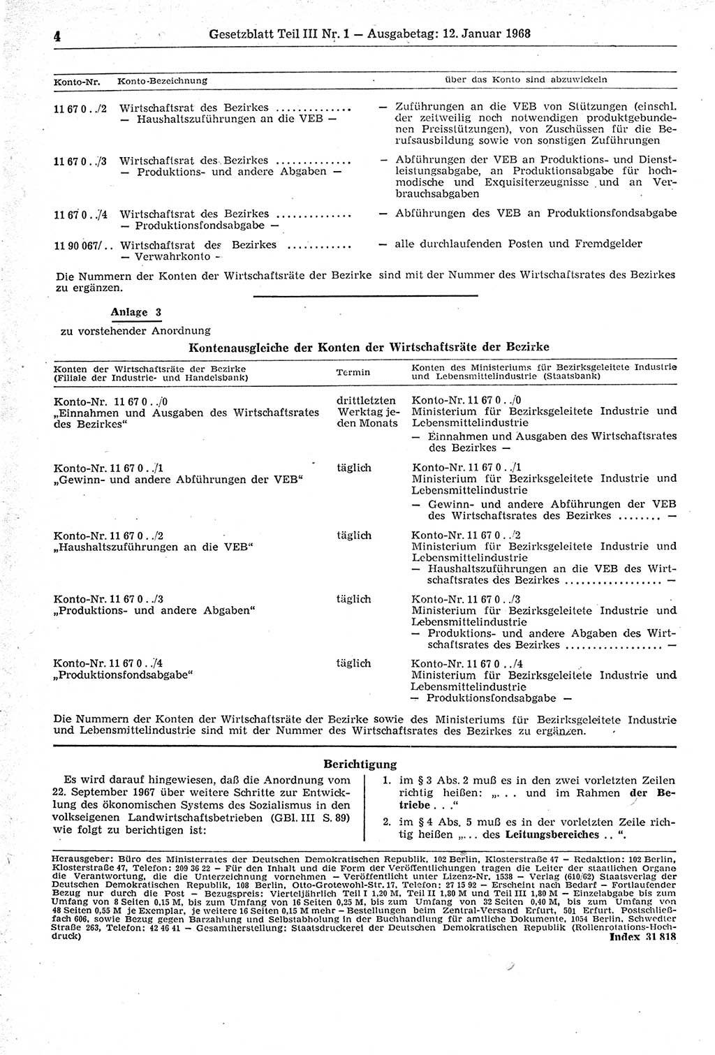 Gesetzblatt (GBl.) der Deutschen Demokratischen Republik (DDR) Teil ⅠⅠⅠ 1968, Seite 4 (GBl. DDR ⅠⅠⅠ 1968, S. 4)