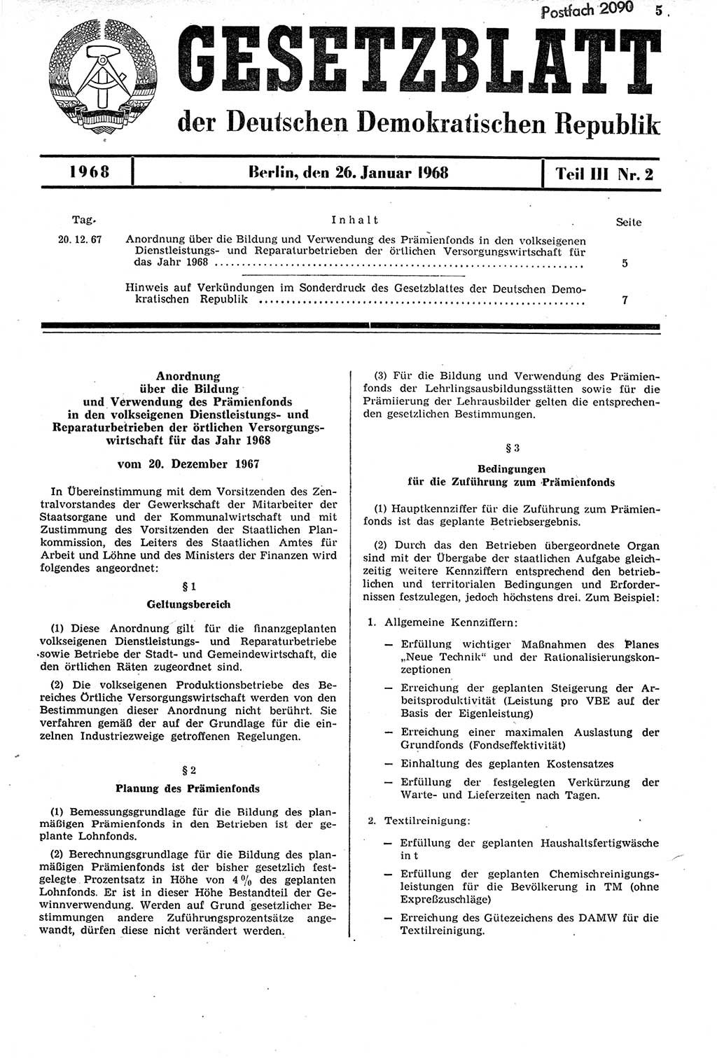 Gesetzblatt (GBl.) der Deutschen Demokratischen Republik (DDR) Teil ⅠⅠⅠ 1968, Seite 5 (GBl. DDR ⅠⅠⅠ 1968, S. 5)