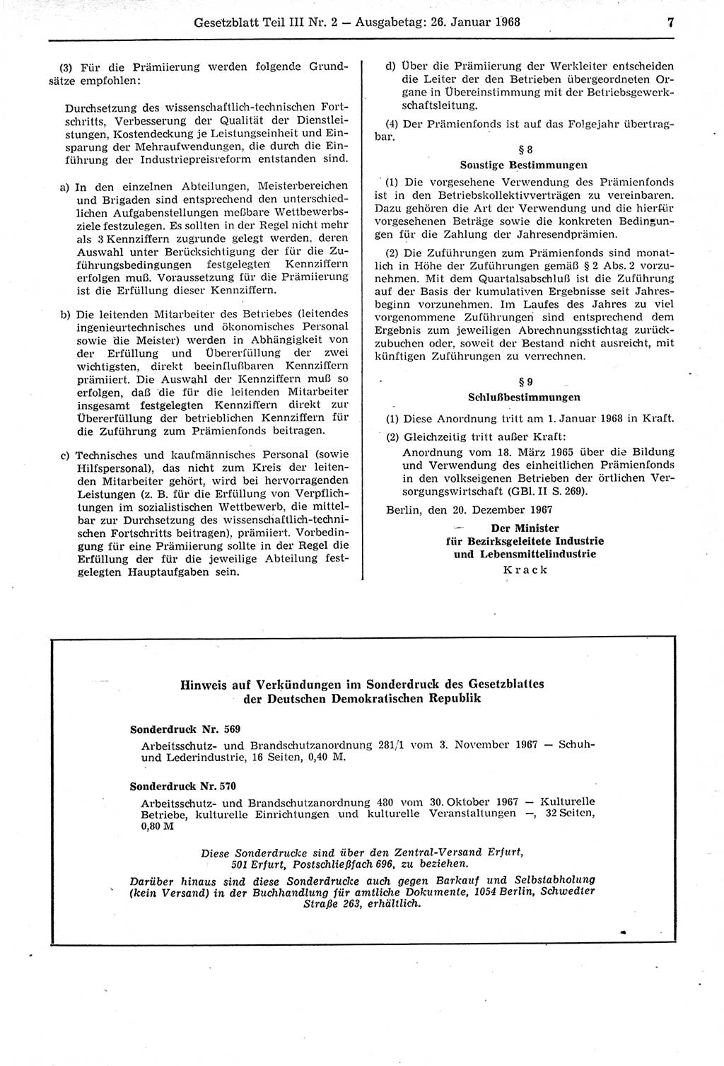 Gesetzblatt (GBl.) der Deutschen Demokratischen Republik (DDR) Teil ⅠⅠⅠ 1968, Seite 7 (GBl. DDR ⅠⅠⅠ 1968, S. 7)