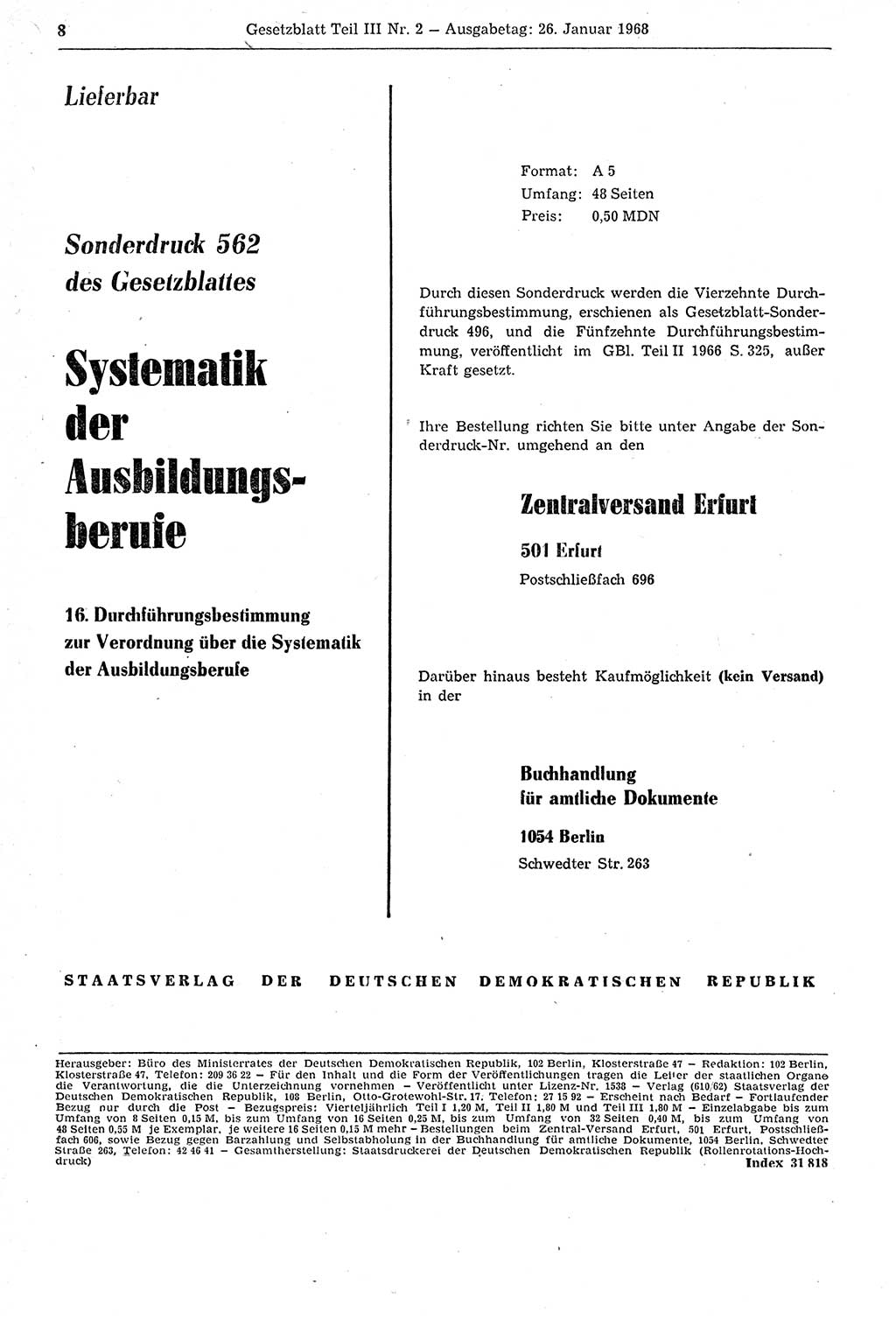 Gesetzblatt (GBl.) der Deutschen Demokratischen Republik (DDR) Teil ⅠⅠⅠ 1968, Seite 8 (GBl. DDR ⅠⅠⅠ 1968, S. 8)