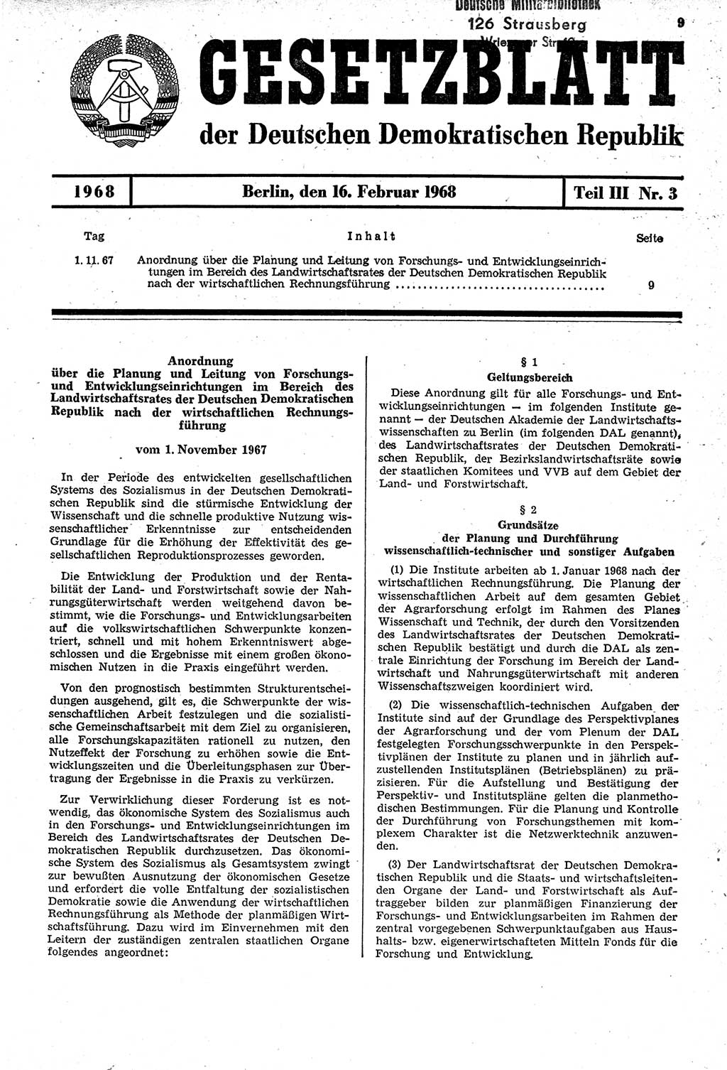 Gesetzblatt (GBl.) der Deutschen Demokratischen Republik (DDR) Teil ⅠⅠⅠ 1968, Seite 9 (GBl. DDR ⅠⅠⅠ 1968, S. 9)
