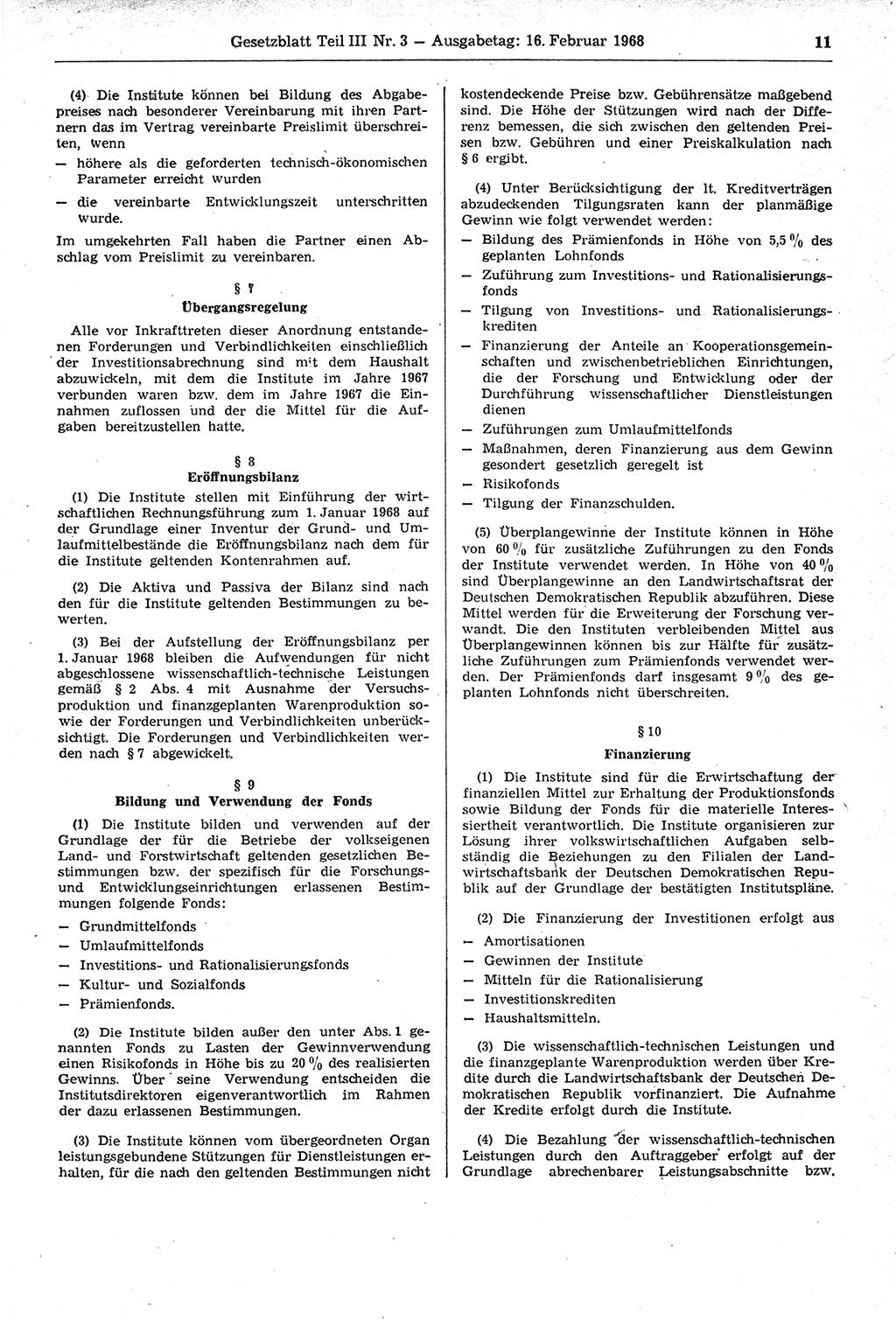 Gesetzblatt (GBl.) der Deutschen Demokratischen Republik (DDR) Teil ⅠⅠⅠ 1968, Seite 11 (GBl. DDR ⅠⅠⅠ 1968, S. 11)