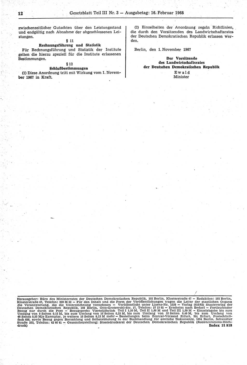 Gesetzblatt (GBl.) der Deutschen Demokratischen Republik (DDR) Teil ⅠⅠⅠ 1968, Seite 12 (GBl. DDR ⅠⅠⅠ 1968, S. 12)