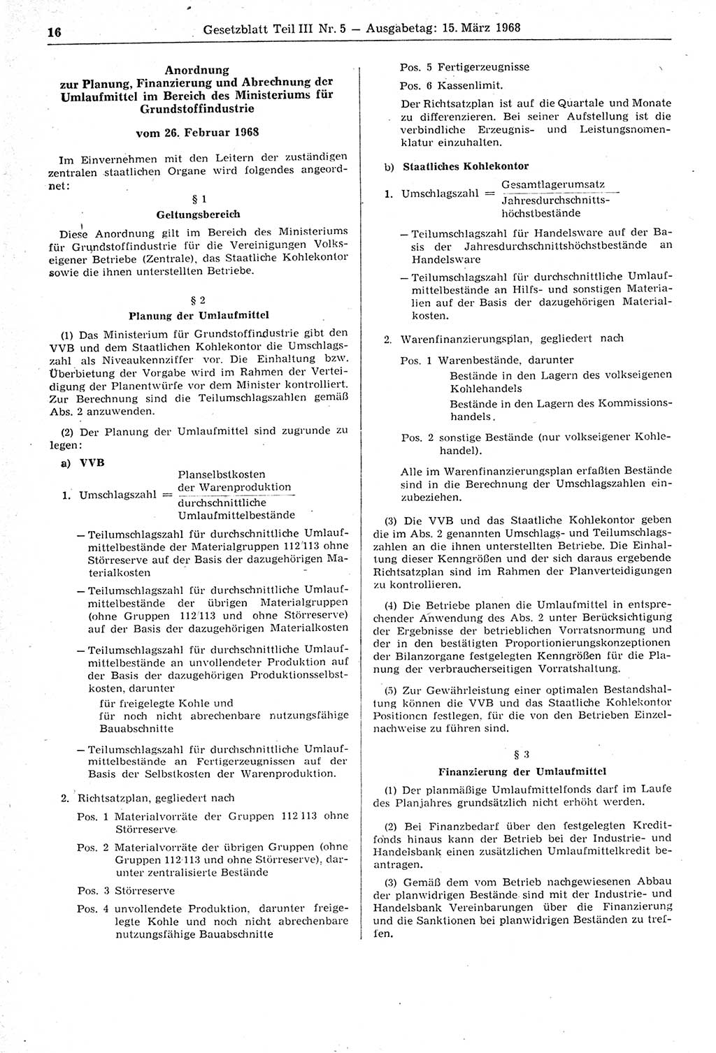 Gesetzblatt (GBl.) der Deutschen Demokratischen Republik (DDR) Teil ⅠⅠⅠ 1968, Seite 16 (GBl. DDR ⅠⅠⅠ 1968, S. 16)