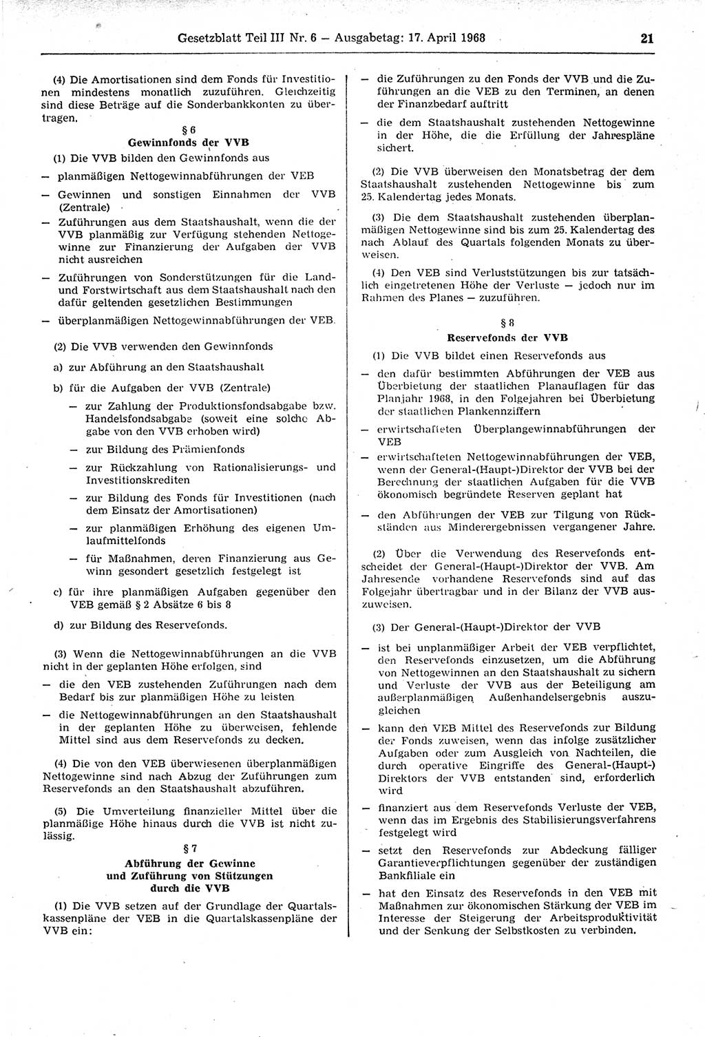 Gesetzblatt (GBl.) der Deutschen Demokratischen Republik (DDR) Teil ⅠⅠⅠ 1968, Seite 21 (GBl. DDR ⅠⅠⅠ 1968, S. 21)