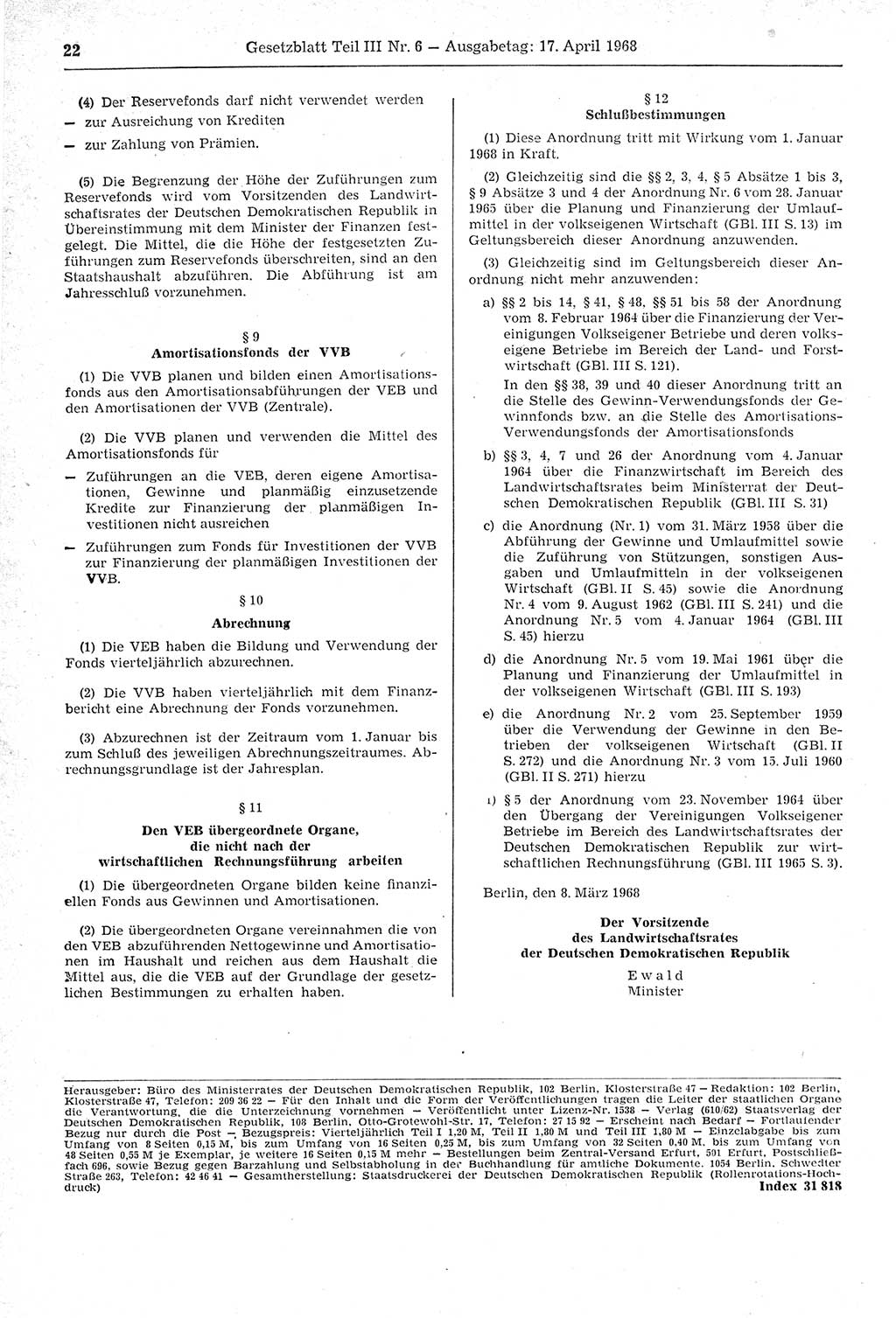 Gesetzblatt (GBl.) der Deutschen Demokratischen Republik (DDR) Teil ⅠⅠⅠ 1968, Seite 22 (GBl. DDR ⅠⅠⅠ 1968, S. 22)