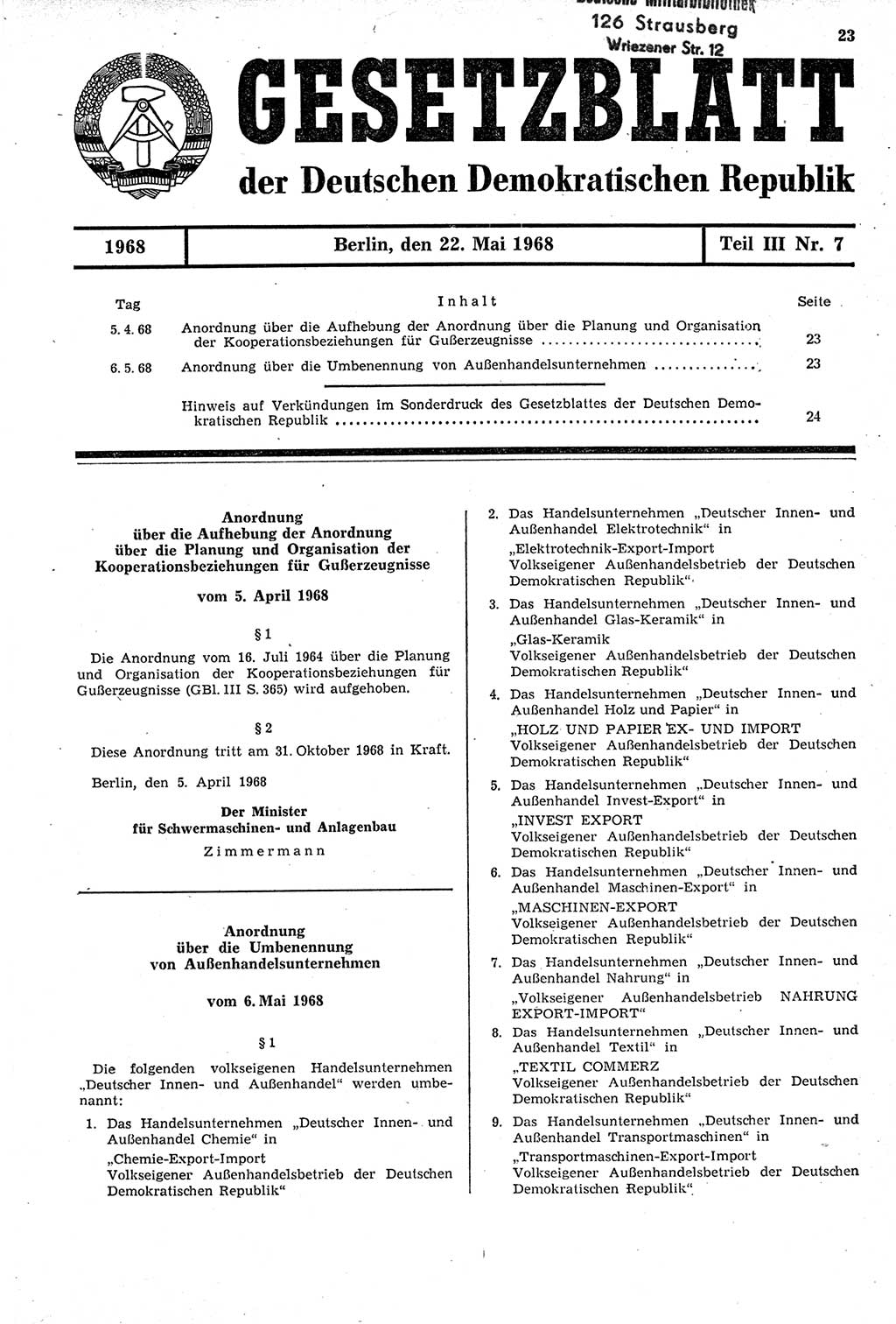 Gesetzblatt (GBl.) der Deutschen Demokratischen Republik (DDR) Teil ⅠⅠⅠ 1968, Seite 23 (GBl. DDR ⅠⅠⅠ 1968, S. 23)