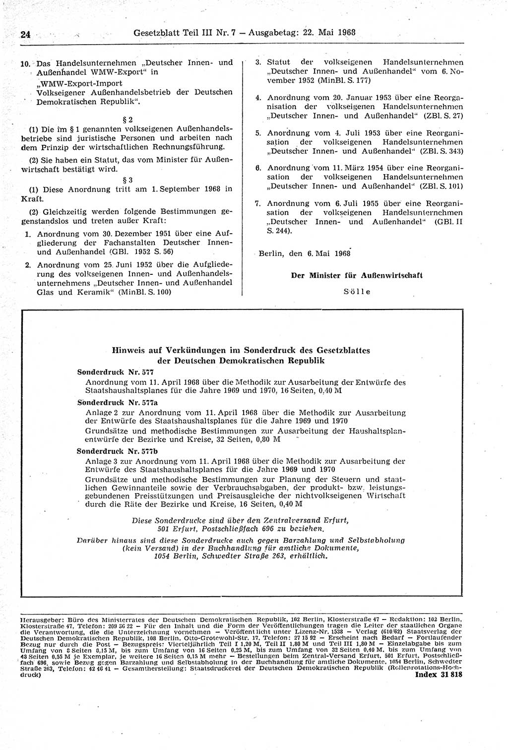 Gesetzblatt (GBl.) der Deutschen Demokratischen Republik (DDR) Teil ⅠⅠⅠ 1968, Seite 24 (GBl. DDR ⅠⅠⅠ 1968, S. 24)