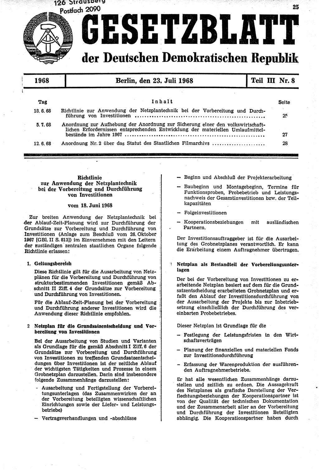 Gesetzblatt (GBl.) der Deutschen Demokratischen Republik (DDR) Teil ⅠⅠⅠ 1968, Seite 25 (GBl. DDR ⅠⅠⅠ 1968, S. 25)