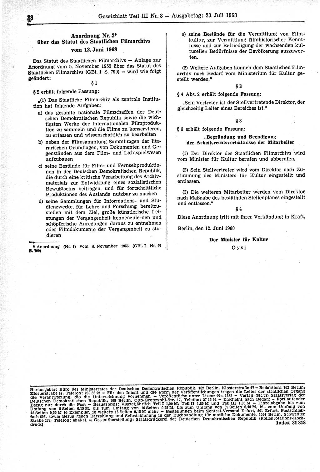 Gesetzblatt (GBl.) der Deutschen Demokratischen Republik (DDR) Teil ⅠⅠⅠ 1968, Seite 28 (GBl. DDR ⅠⅠⅠ 1968, S. 28)