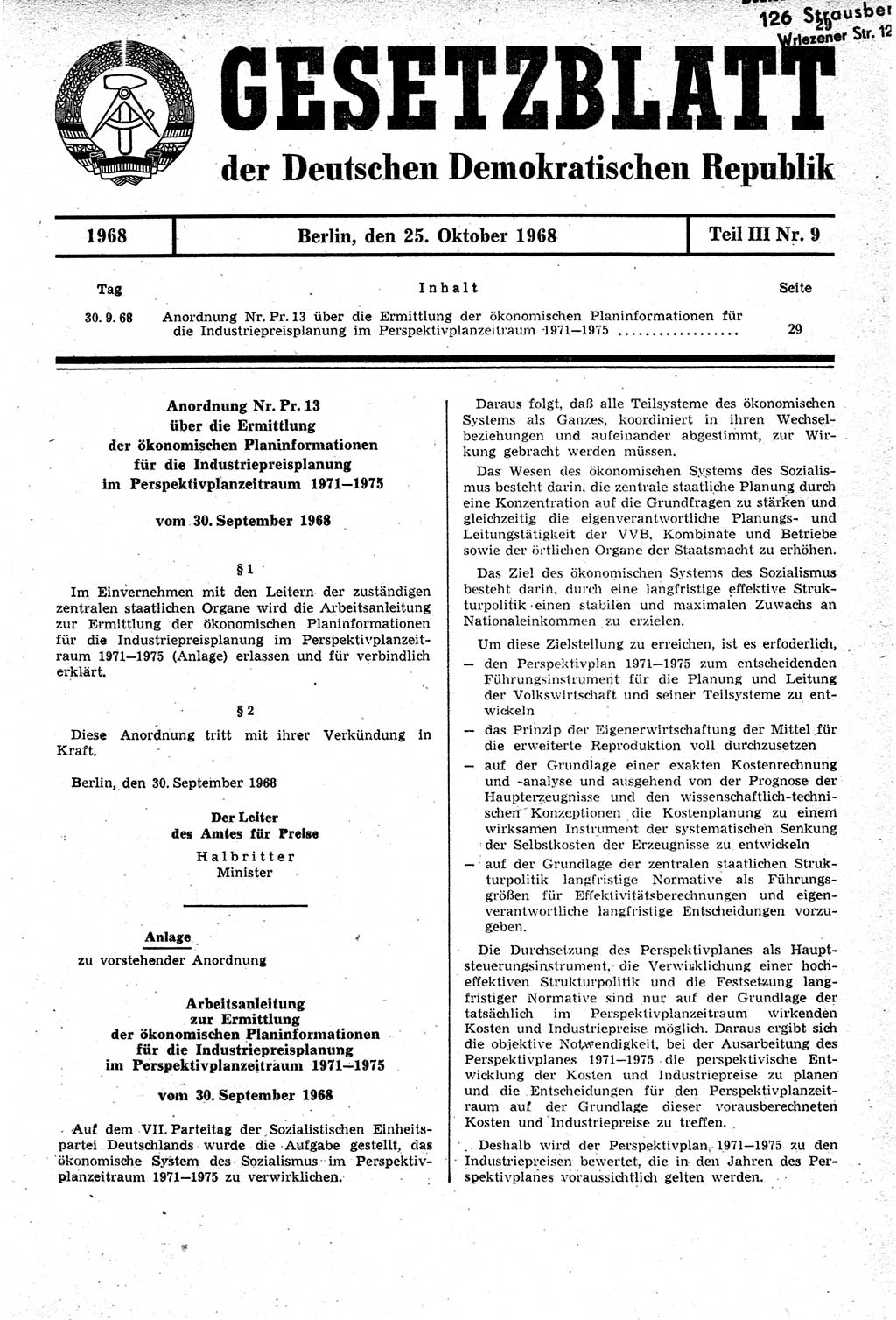 Gesetzblatt (GBl.) der Deutschen Demokratischen Republik (DDR) Teil ⅠⅠⅠ 1968, Seite 29 (GBl. DDR ⅠⅠⅠ 1968, S. 29)