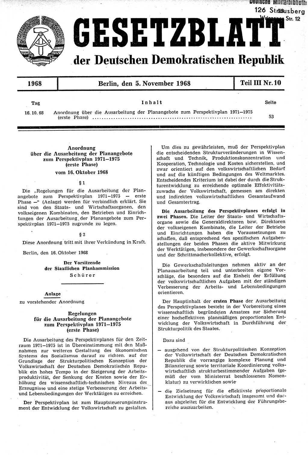 Gesetzblatt (GBl.) der Deutschen Demokratischen Republik (DDR) Teil ⅠⅠⅠ 1968, Seite 53 (GBl. DDR ⅠⅠⅠ 1968, S. 53)
