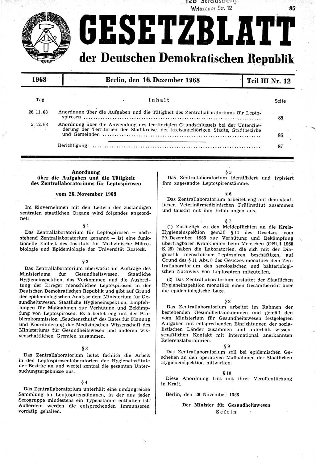Gesetzblatt (GBl.) der Deutschen Demokratischen Republik (DDR) Teil ⅠⅠⅠ 1968, Seite 85 (GBl. DDR ⅠⅠⅠ 1968, S. 85)