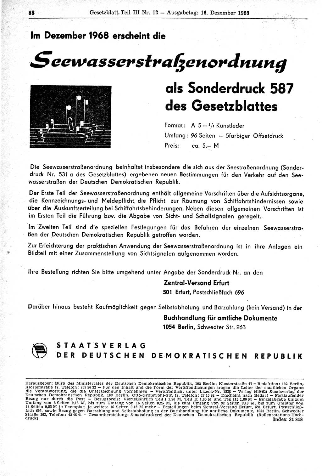 Gesetzblatt (GBl.) der Deutschen Demokratischen Republik (DDR) Teil ⅠⅠⅠ 1968, Seite 88 (GBl. DDR ⅠⅠⅠ 1968, S. 88)