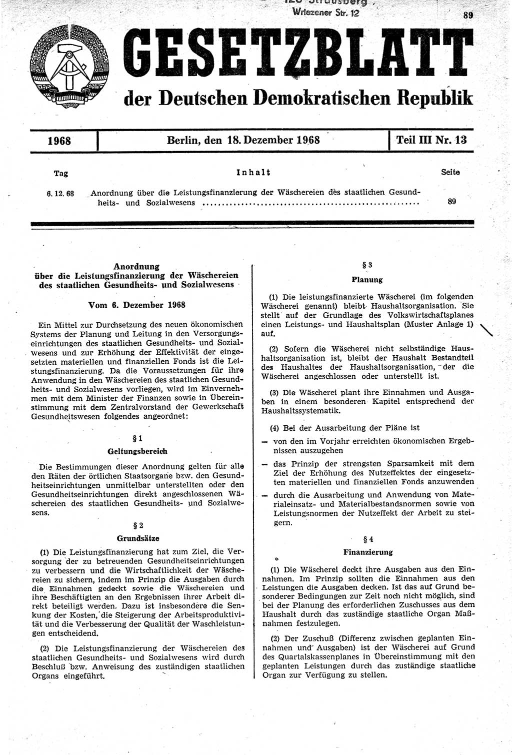 Gesetzblatt (GBl.) der Deutschen Demokratischen Republik (DDR) Teil ⅠⅠⅠ 1968, Seite 89 (GBl. DDR ⅠⅠⅠ 1968, S. 89)