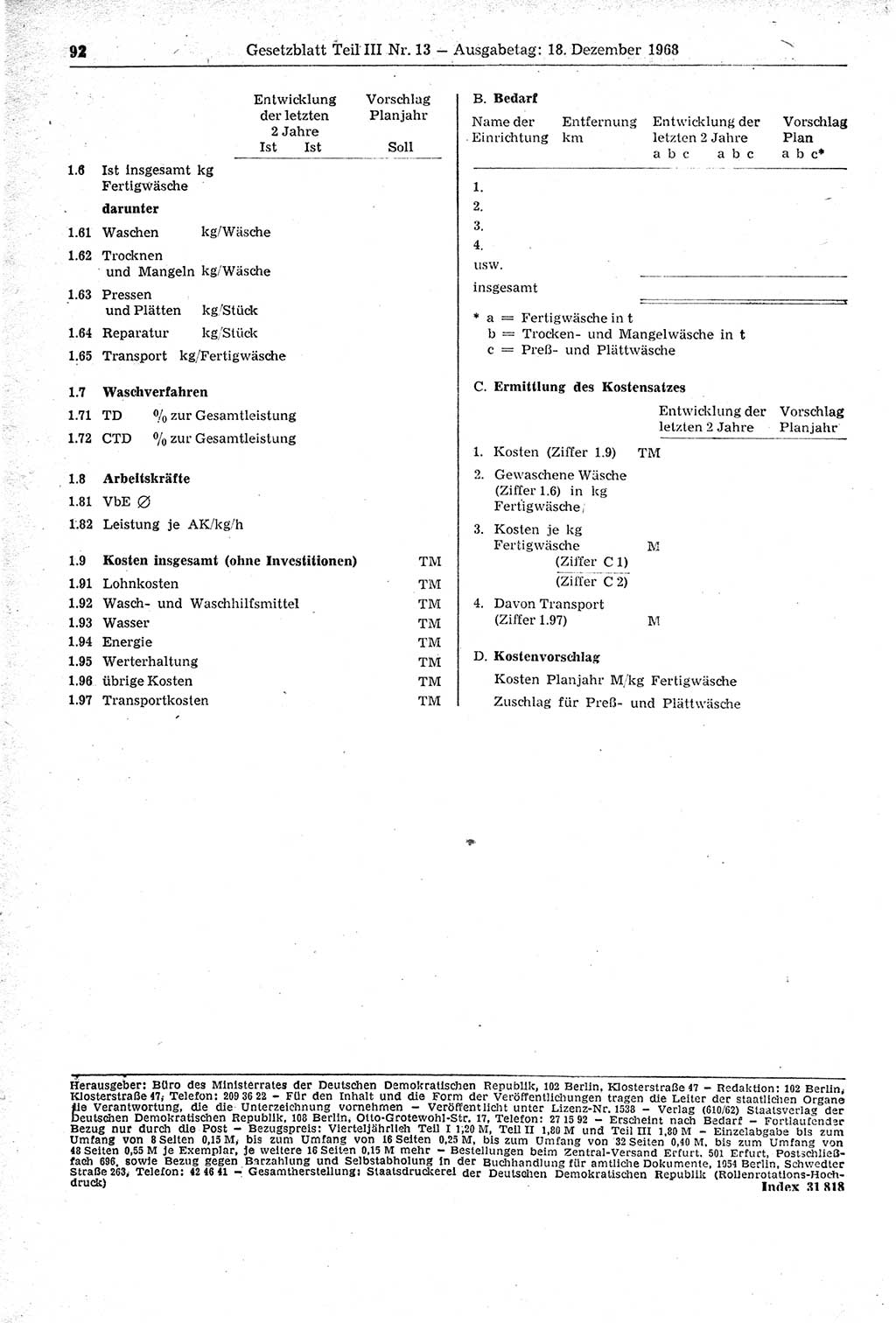 Gesetzblatt (GBl.) der Deutschen Demokratischen Republik (DDR) Teil ⅠⅠⅠ 1968, Seite 92 (GBl. DDR ⅠⅠⅠ 1968, S. 92)