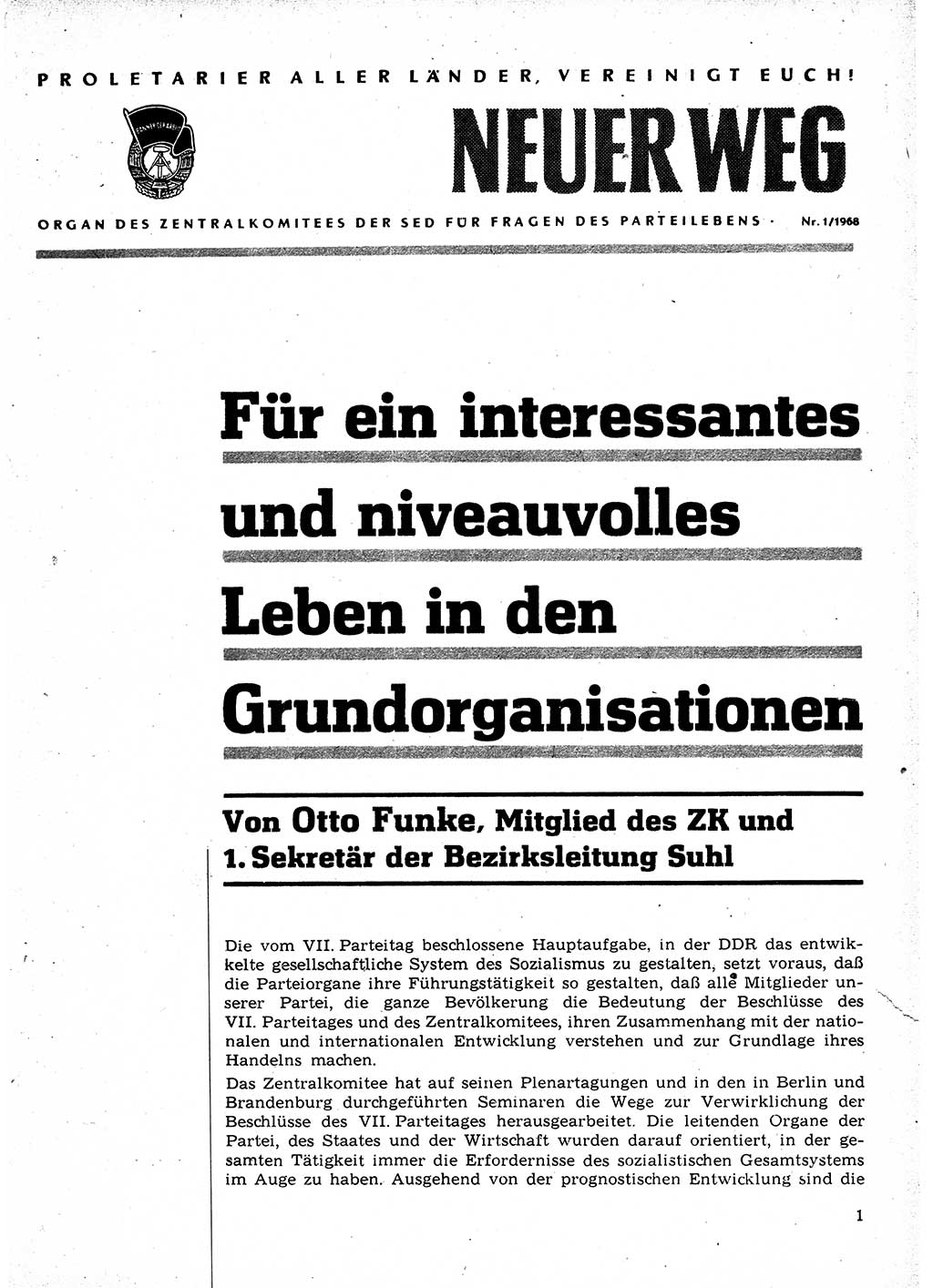 Neuer Weg (NW), Organ des Zentralkomitees (ZK) der SED (Sozialistische Einheitspartei Deutschlands) für Fragen des Parteilebens, 23. Jahrgang [Deutsche Demokratische Republik (DDR)] 1968, Seite 1 (NW ZK SED DDR 1968, S. 1)