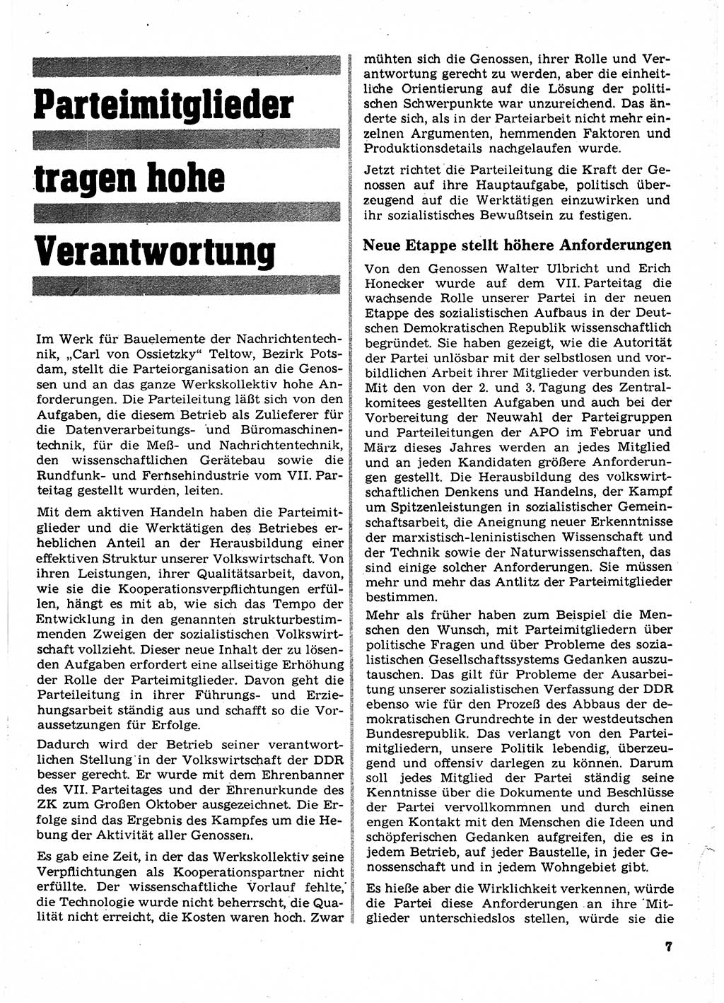 Neuer Weg (NW), Organ des Zentralkomitees (ZK) der SED (Sozialistische Einheitspartei Deutschlands) für Fragen des Parteilebens, 23. Jahrgang [Deutsche Demokratische Republik (DDR)] 1968, Seite 7 (NW ZK SED DDR 1968, S. 7)