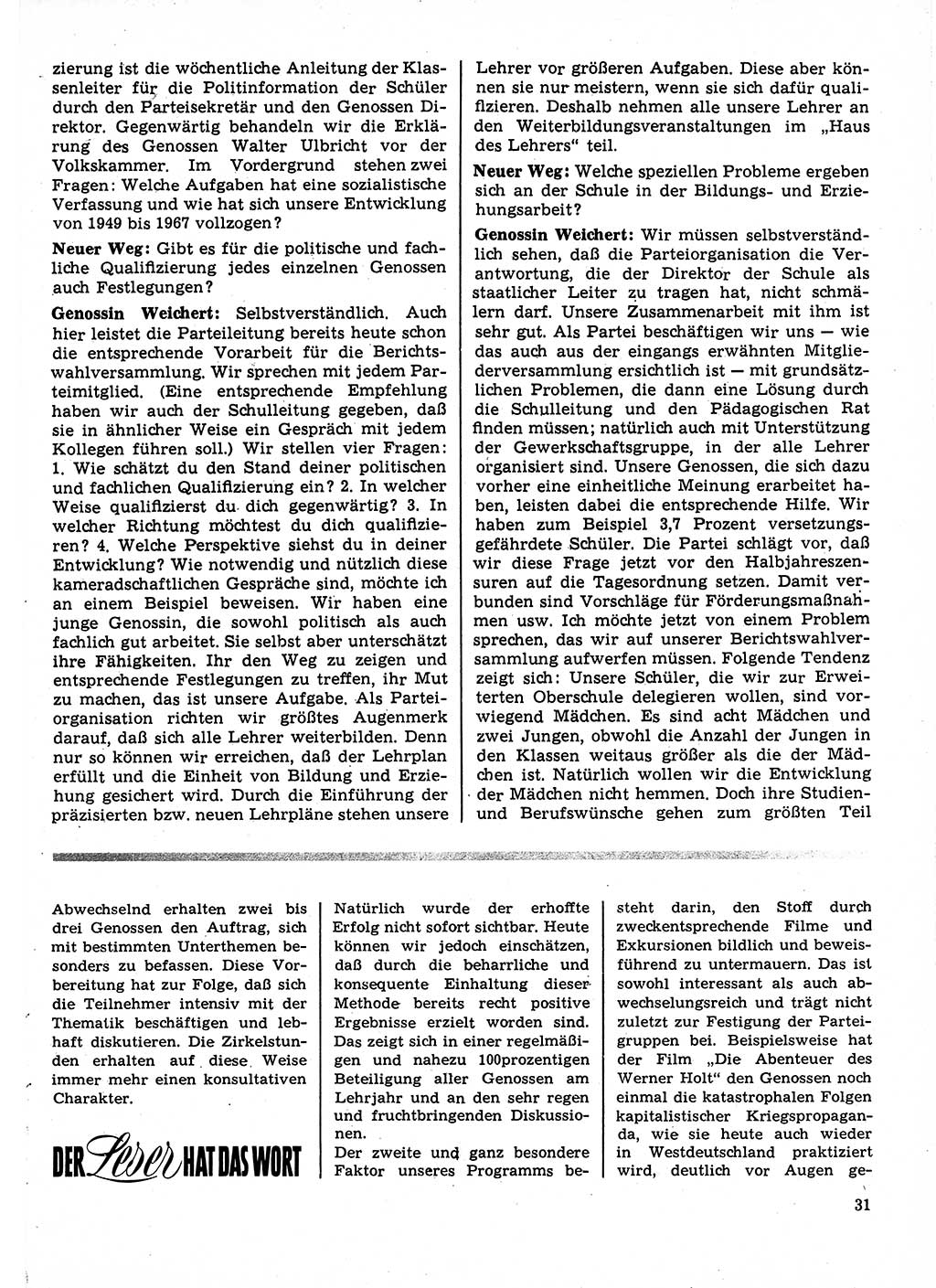 Neuer Weg (NW), Organ des Zentralkomitees (ZK) der SED (Sozialistische Einheitspartei Deutschlands) für Fragen des Parteilebens, 23. Jahrgang [Deutsche Demokratische Republik (DDR)] 1968, Seite 31 (NW ZK SED DDR 1968, S. 31)