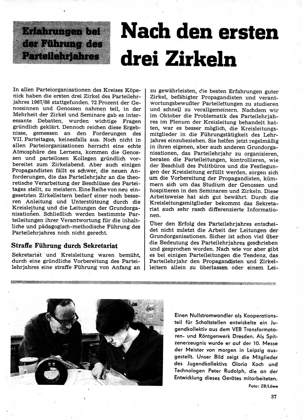 Neuer Weg (NW), Organ des Zentralkomitees (ZK) der SED (Sozialistische Einheitspartei Deutschlands) für Fragen des Parteilebens, 23. Jahrgang [Deutsche Demokratische Republik (DDR)] 1968, Seite 37 (NW ZK SED DDR 1968, S. 37)