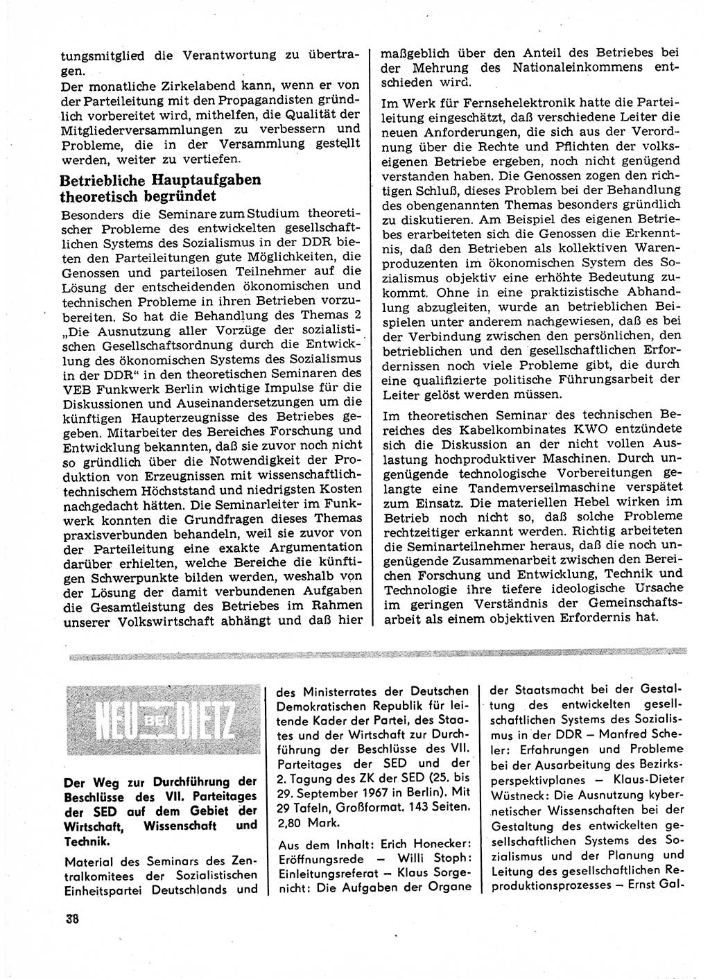 Neuer Weg (NW), Organ des Zentralkomitees (ZK) der SED (Sozialistische Einheitspartei Deutschlands) für Fragen des Parteilebens, 23. Jahrgang [Deutsche Demokratische Republik (DDR)] 1968, Seite 38 (NW ZK SED DDR 1968, S. 38)