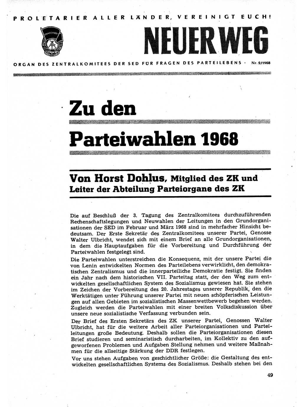 Neuer Weg (NW), Organ des Zentralkomitees (ZK) der SED (Sozialistische Einheitspartei Deutschlands) für Fragen des Parteilebens, 23. Jahrgang [Deutsche Demokratische Republik (DDR)] 1968, Seite 49 (NW ZK SED DDR 1968, S. 49)