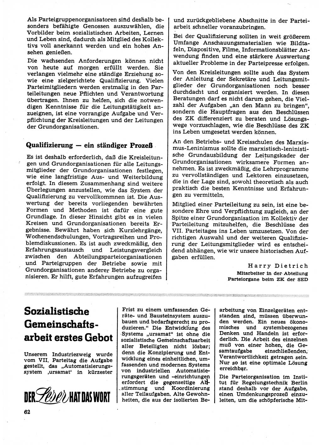 Neuer Weg (NW), Organ des Zentralkomitees (ZK) der SED (Sozialistische Einheitspartei Deutschlands) für Fragen des Parteilebens, 23. Jahrgang [Deutsche Demokratische Republik (DDR)] 1968, Seite 62 (NW ZK SED DDR 1968, S. 62)